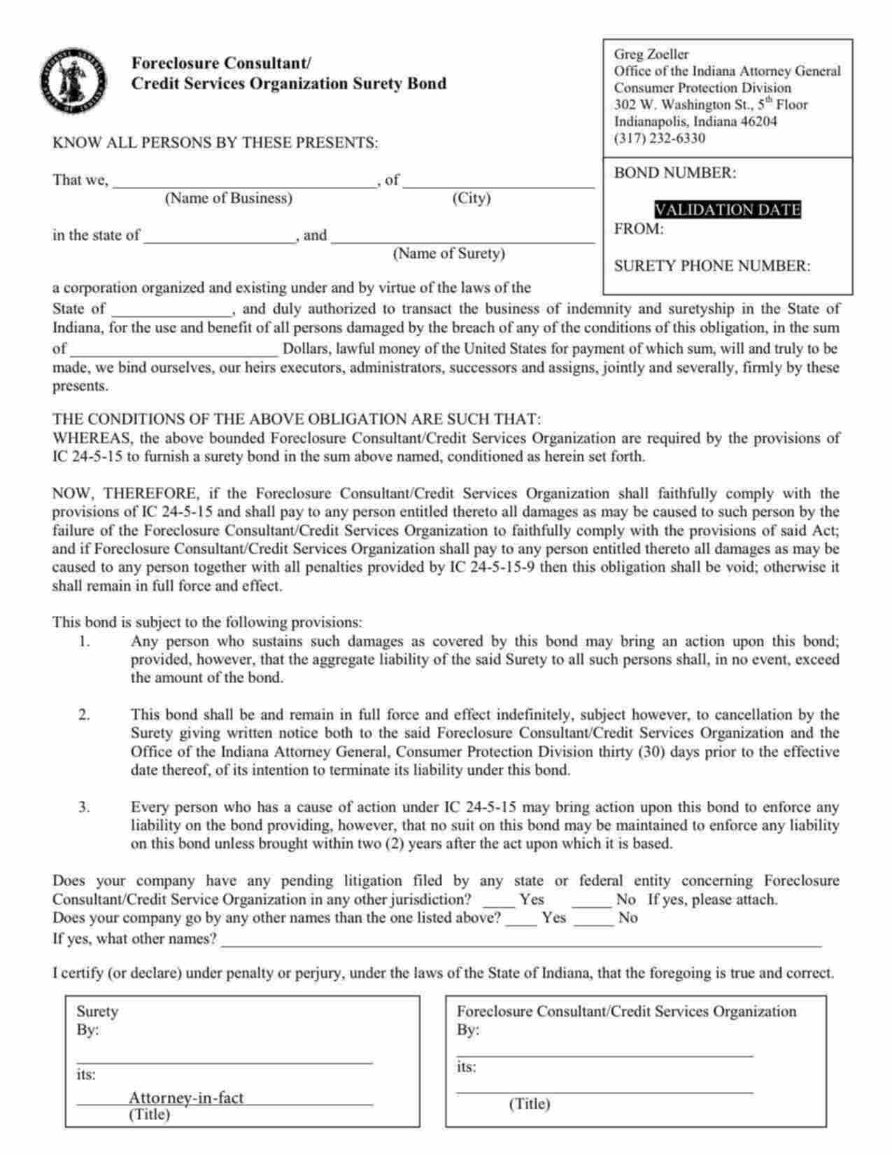 Indiana Foreclosure Consultant/Credit Service Organization Bond Form