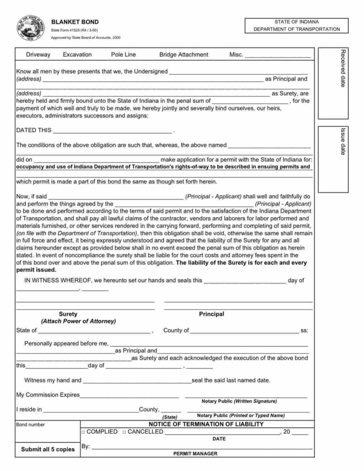 Indiana Blanket Highway Permit: Excavation Bond Form