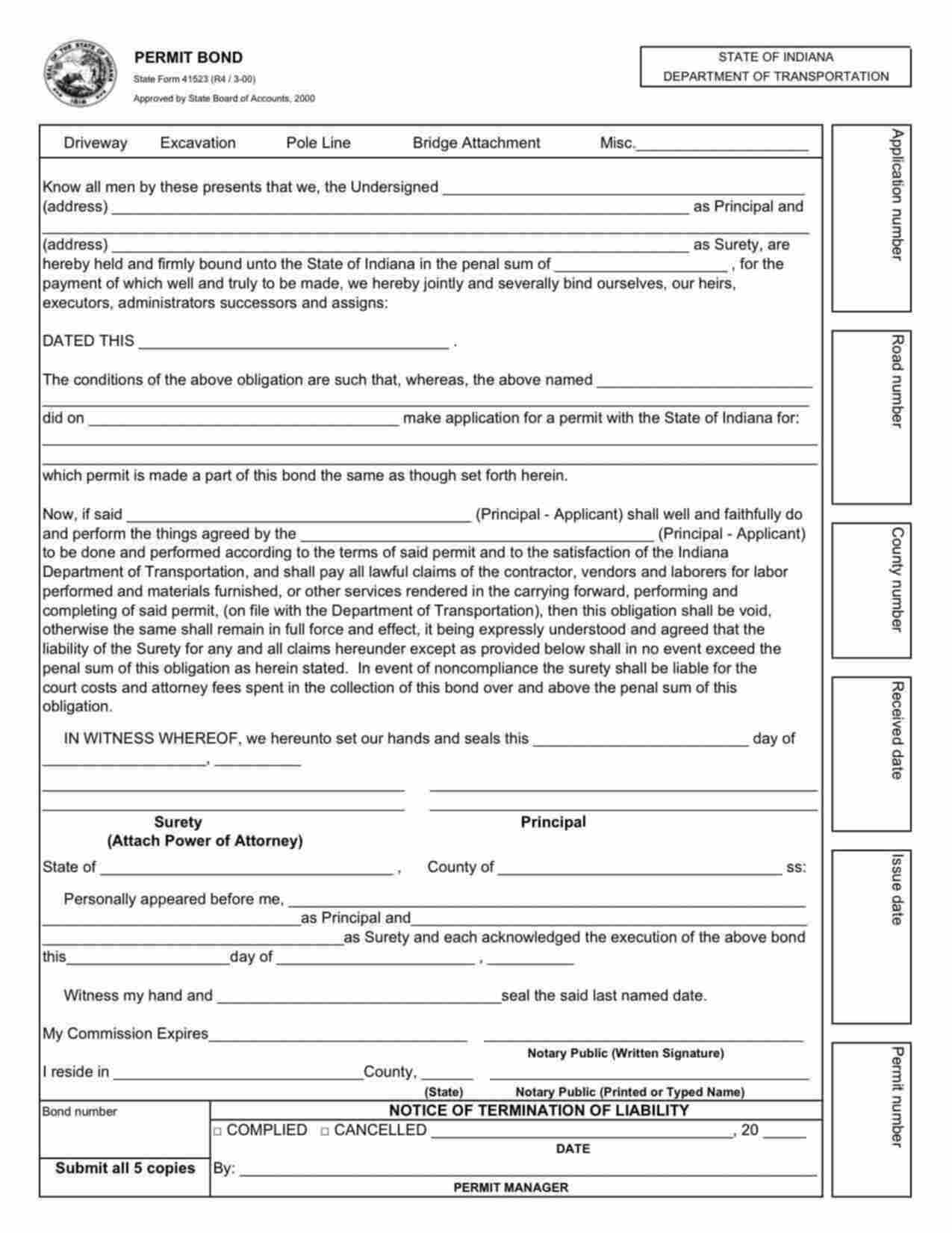 Indiana Single Highway Permit: Driveway Bond Form