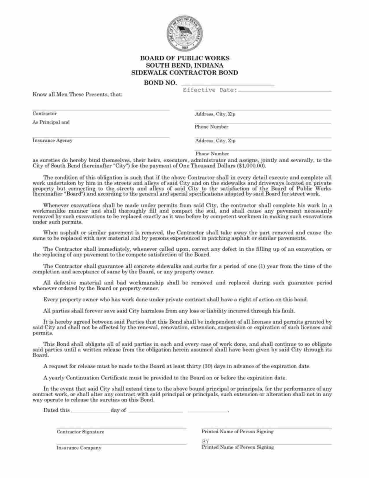 Indiana Sidewalk Contractor Bond Form