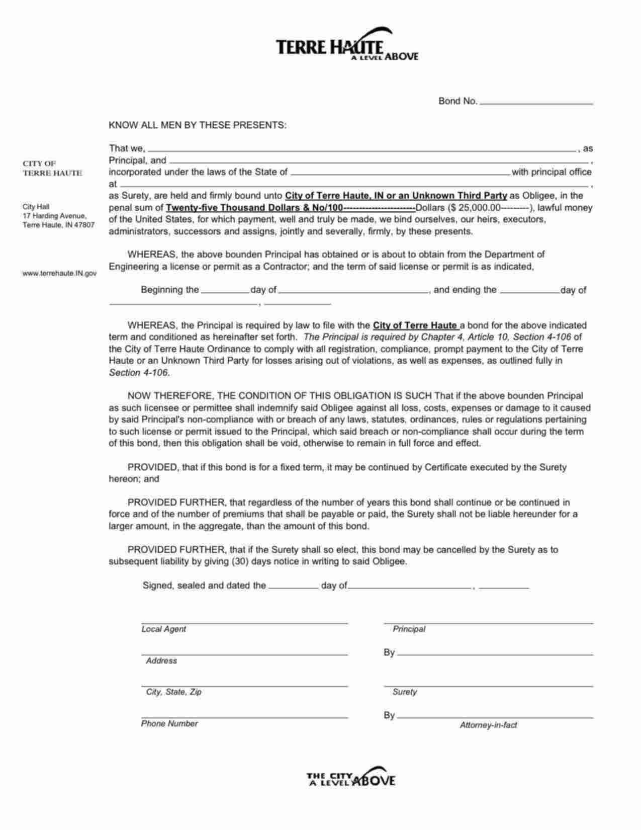 Indiana Contractor's License/Permit Bond Form