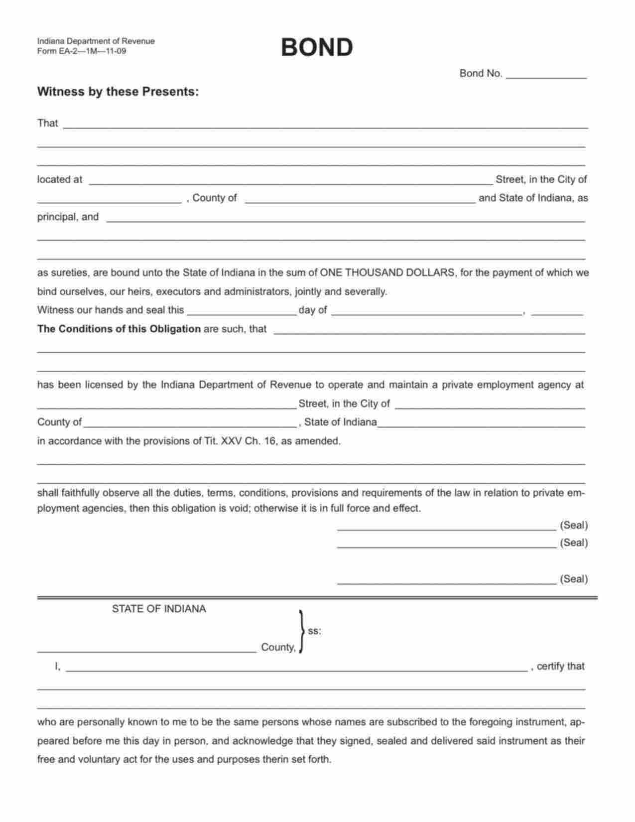 Indiana Private Employment Agency Bond Form