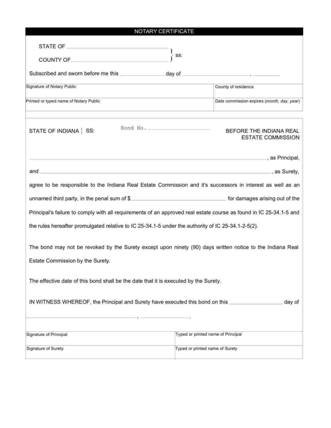 Indiana Real Estate Broker Bond Form