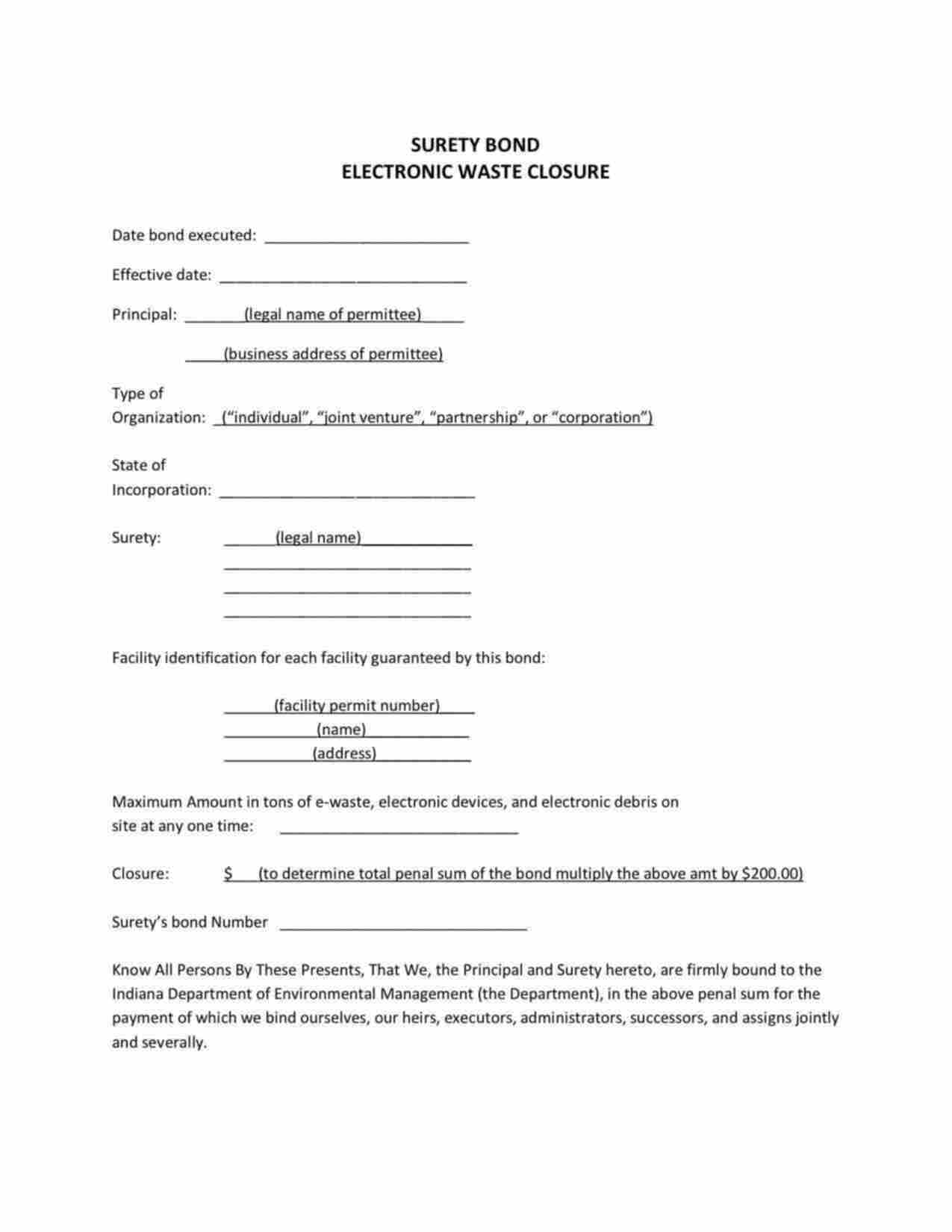 Indiana Electronic Waste Closure Bond Form