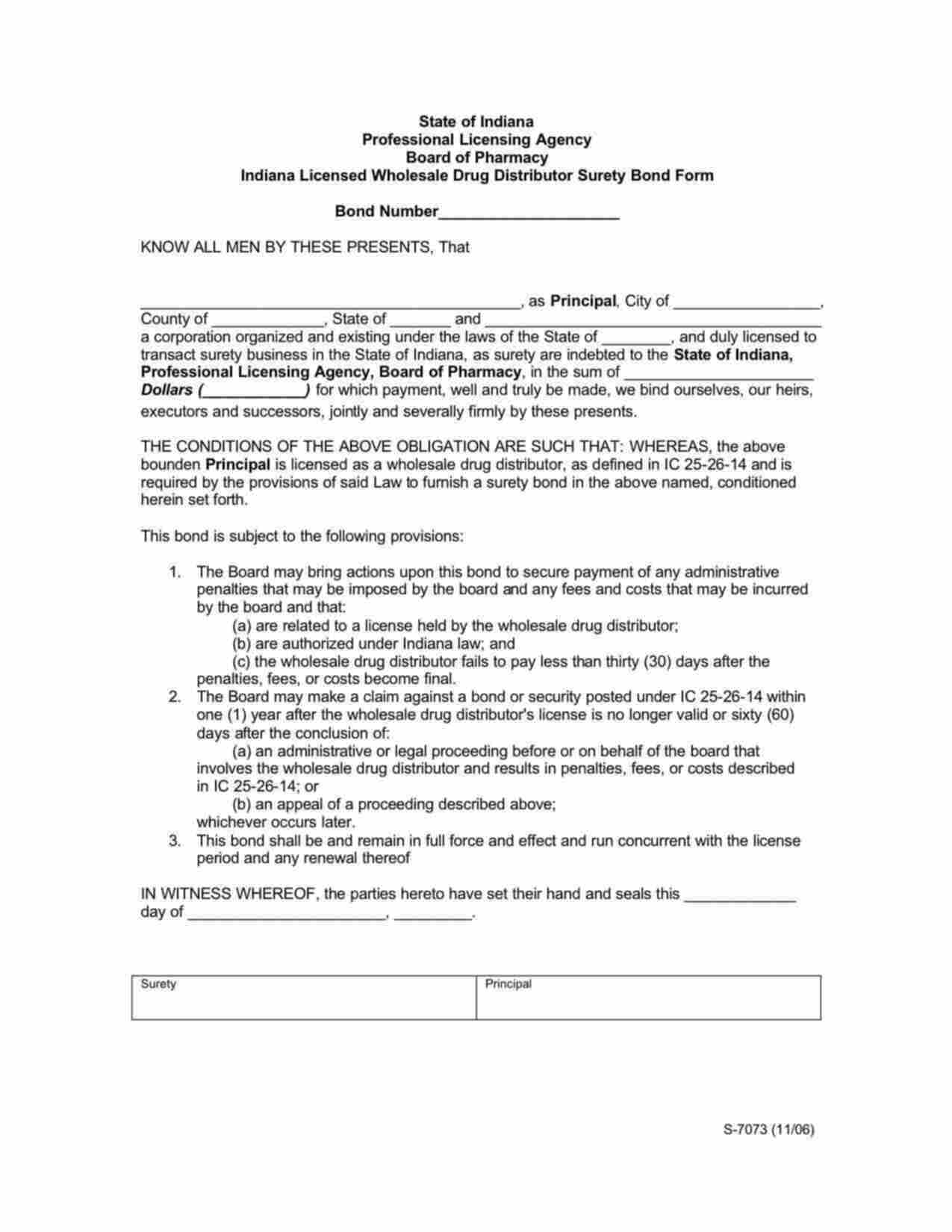 Indiana Licensed Wholesale Drug Distributor Bond Form