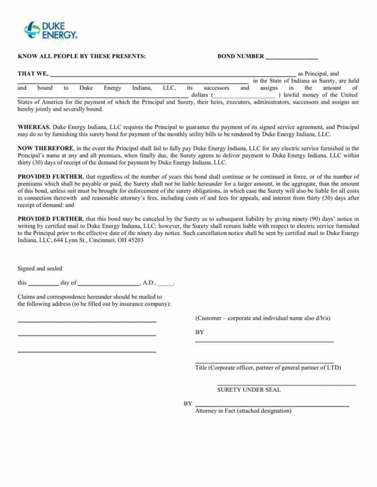 Indiana Utility Deposit Bond Form