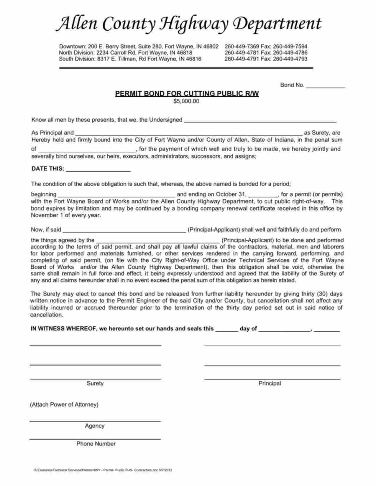 Indiana Cutting Public Right of Way Permit Bond Form