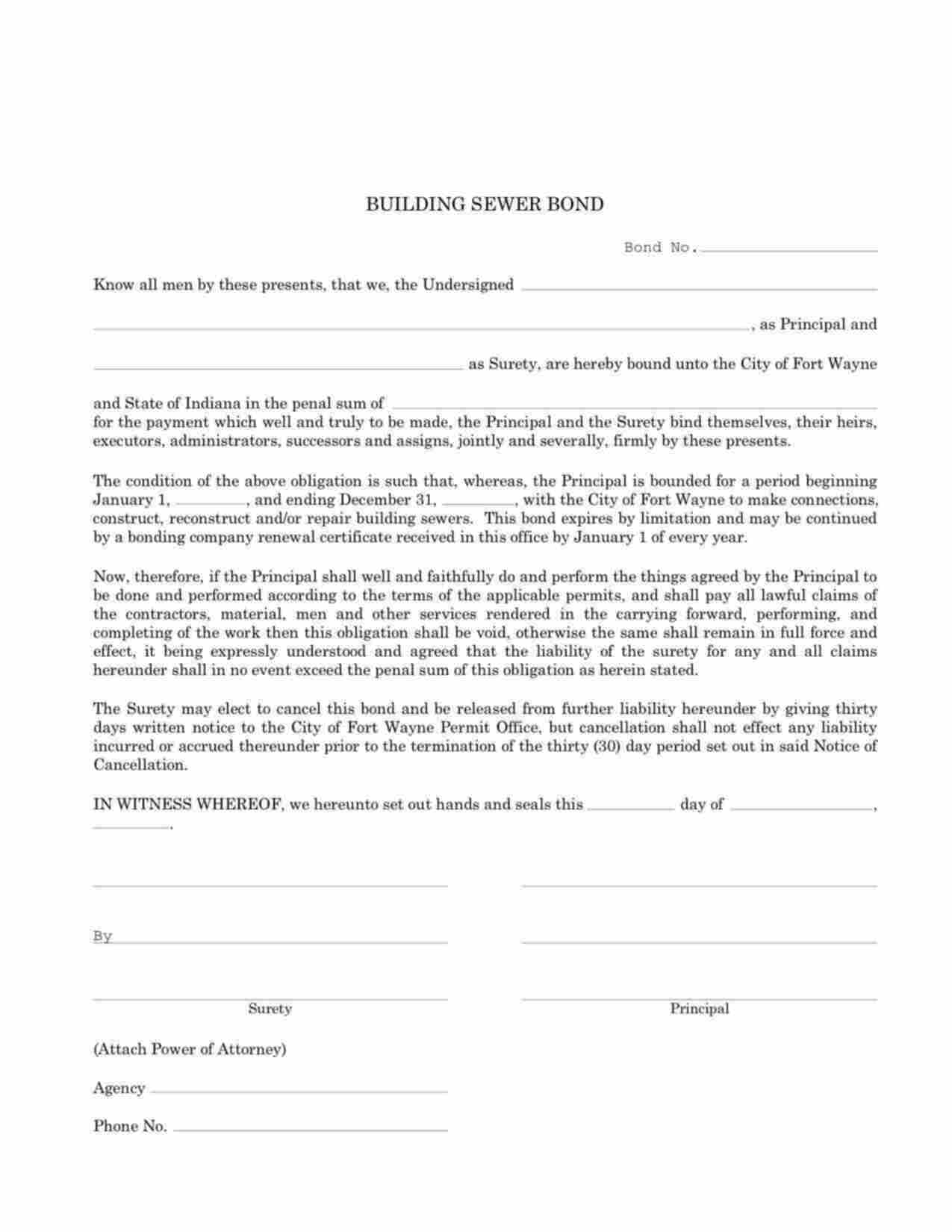 Indiana Building Sewer Bond Form