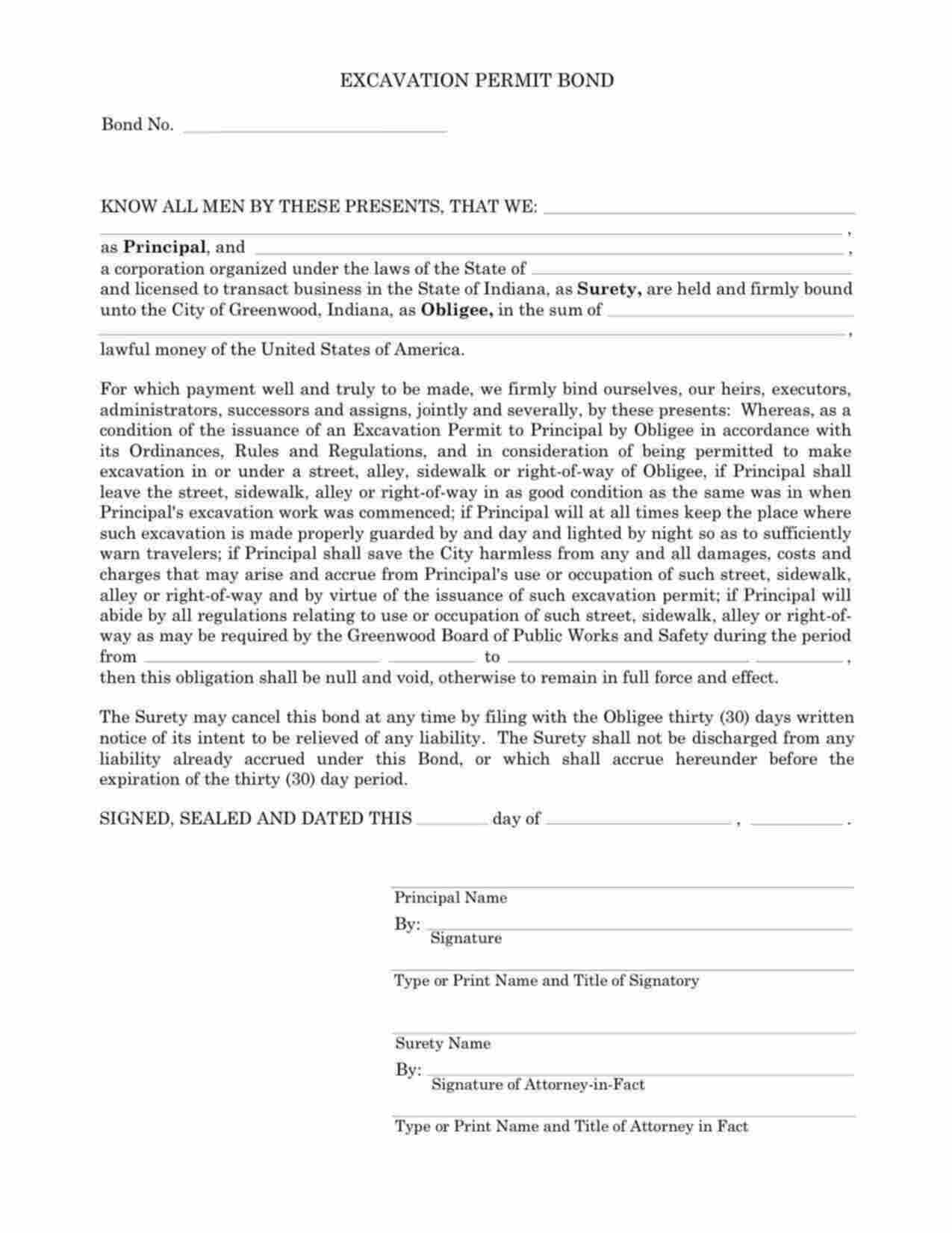 Indiana Excavation Permit Bond Form