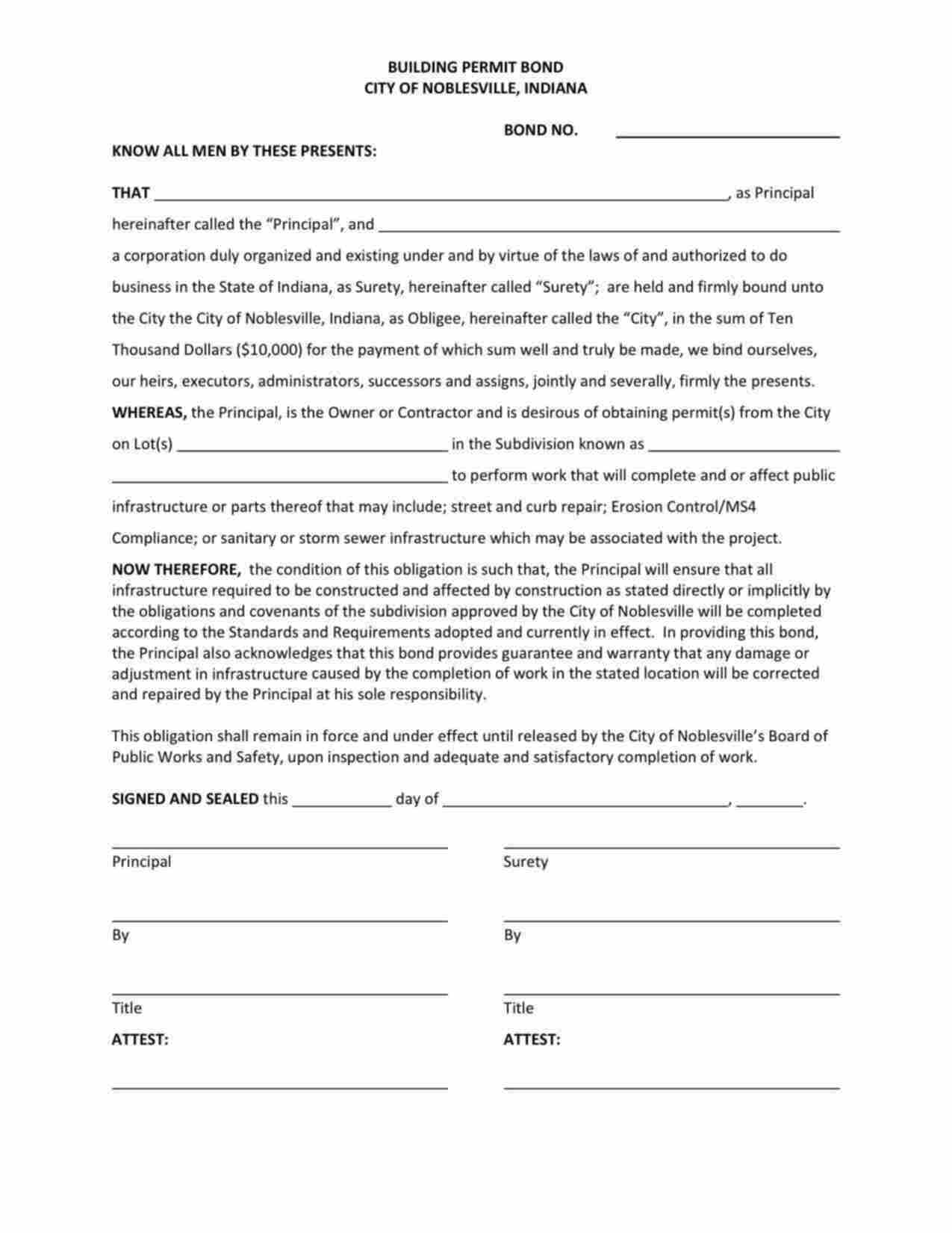 Indiana Building Permit Bond Form