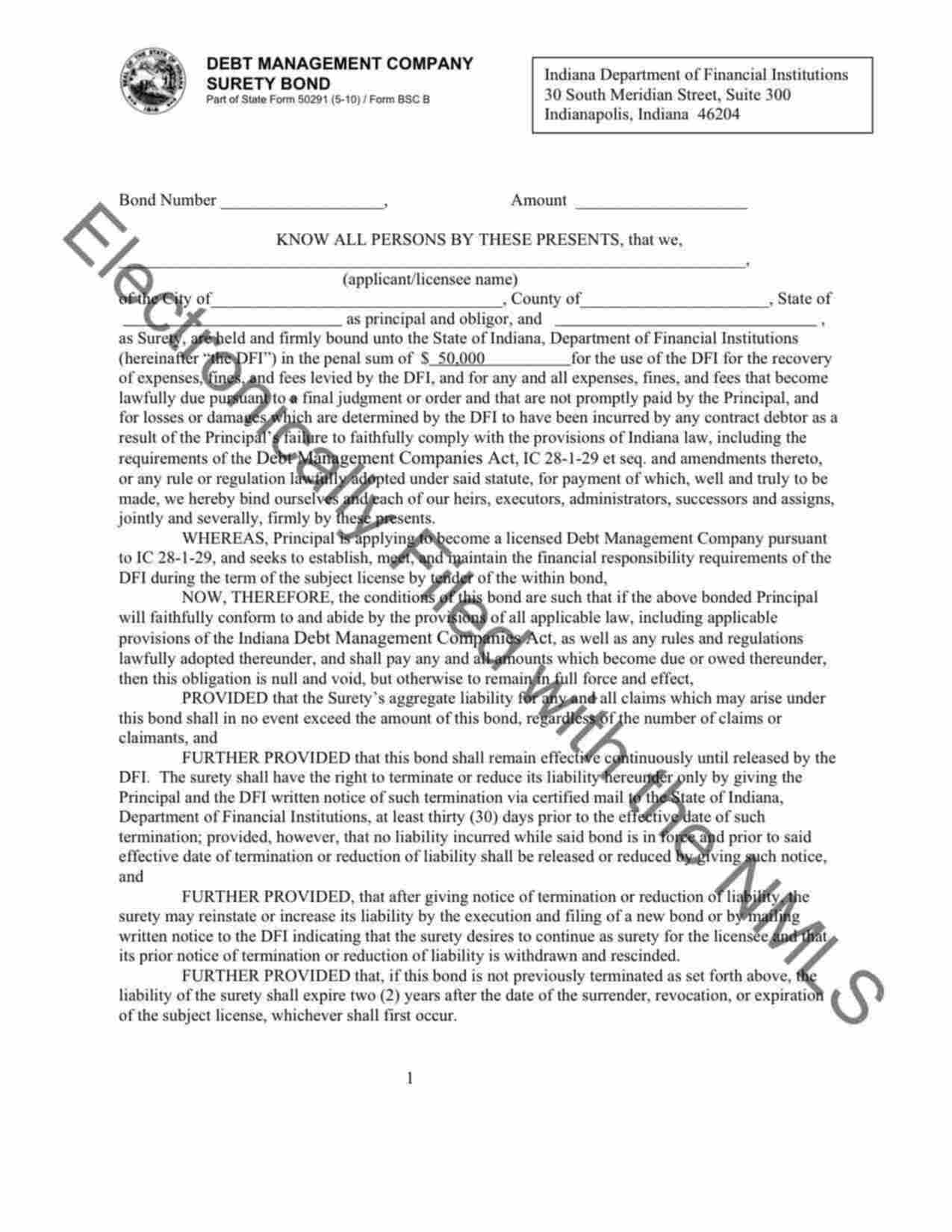 Indiana Debt Management Company Bond Form