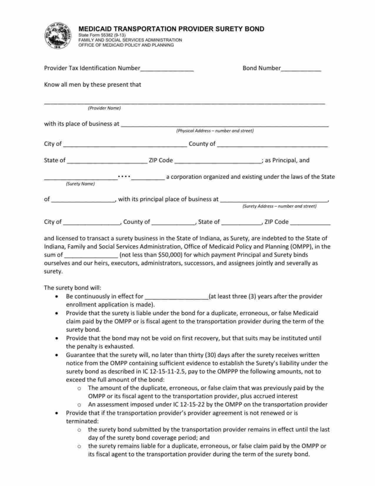 Indiana Medicaid Transportation Provider Bond Form