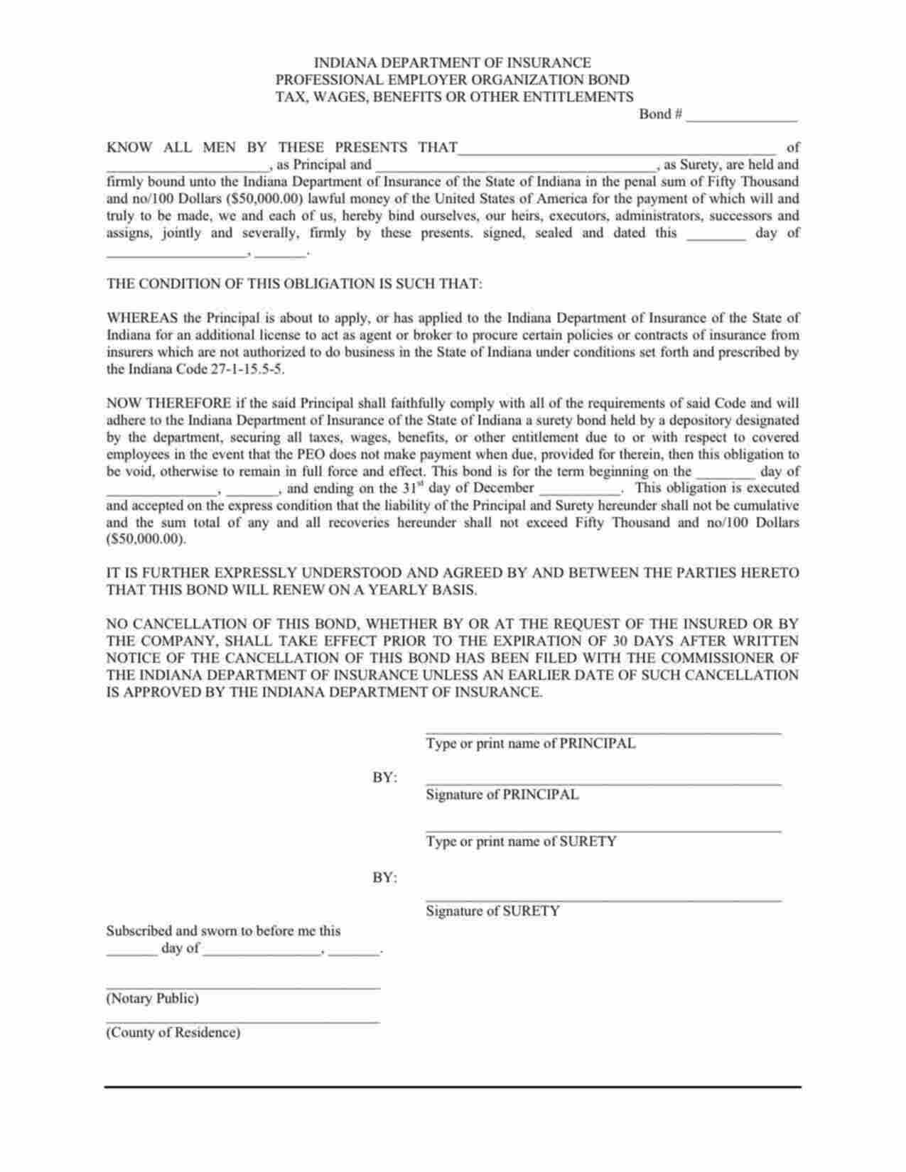 Indiana Professional Employer Organization Bond Form