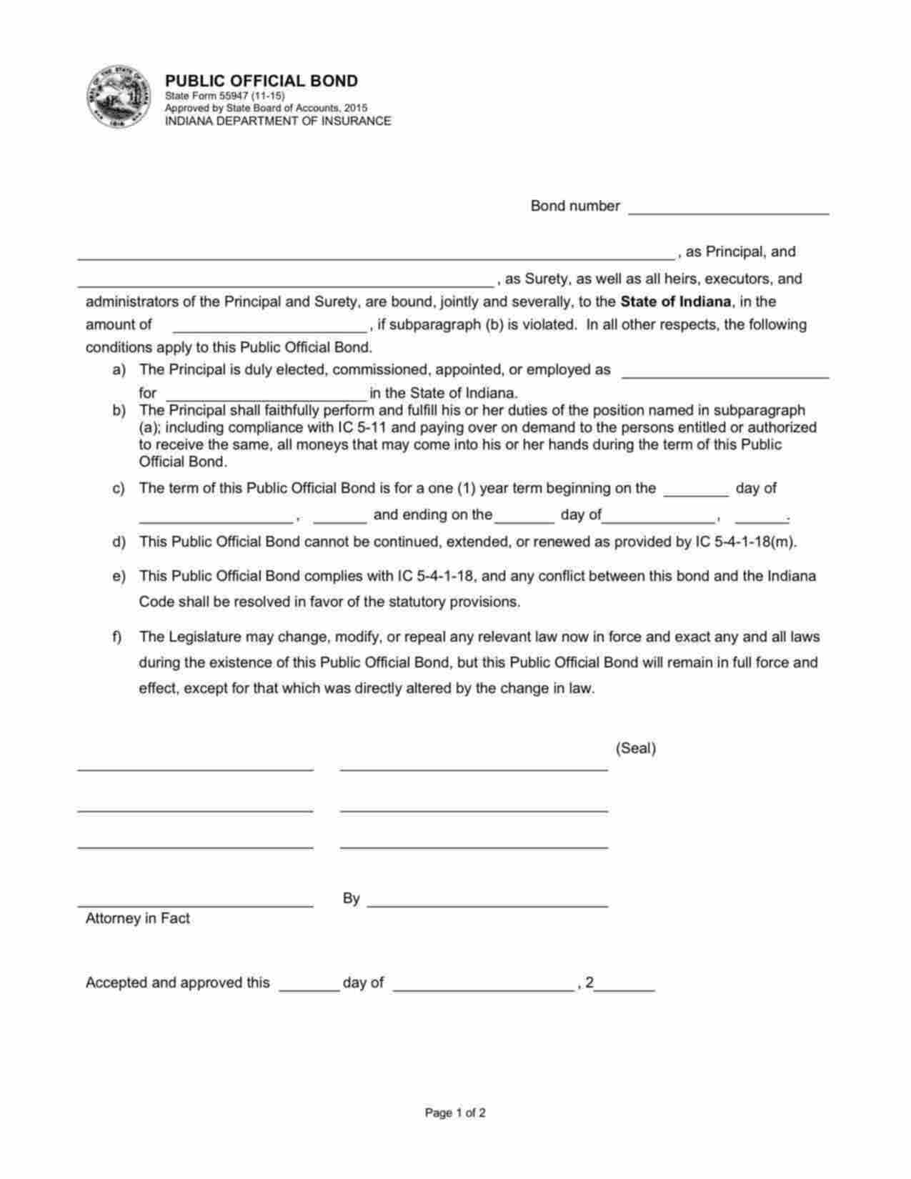 Indiana Public Official Bond Form