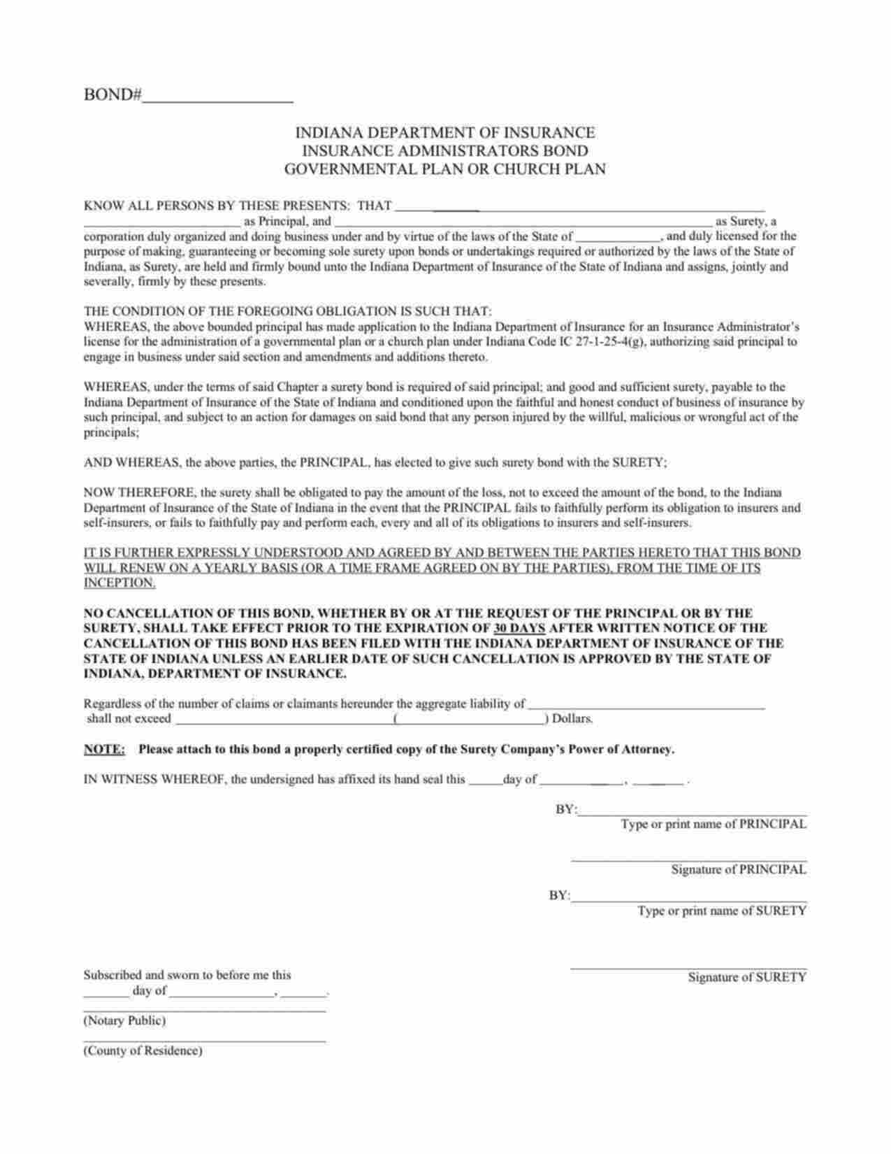 Indiana Administrator for Governmental or Church Plan Bond Form