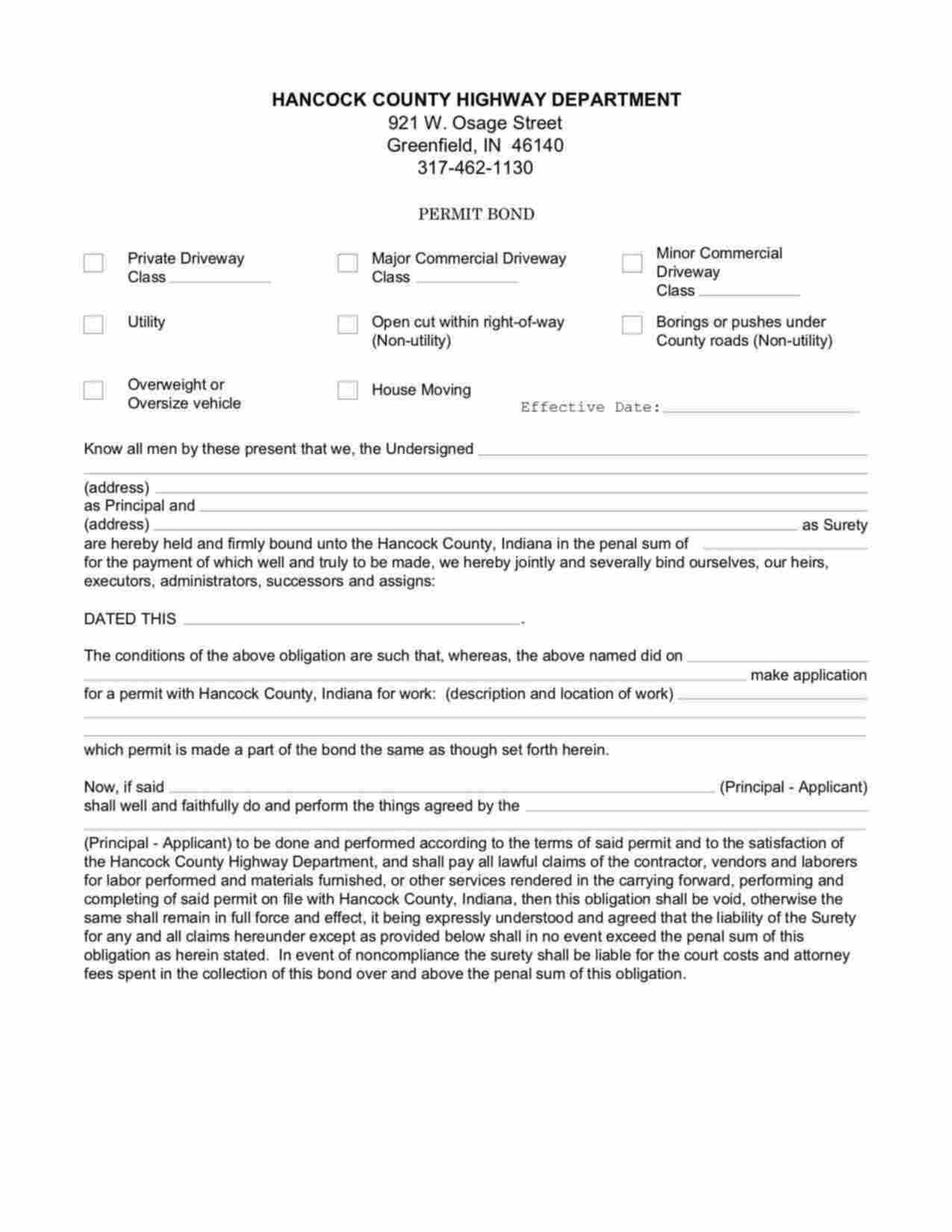 Indiana Permit: Minor Commercial Driveway Bond Form