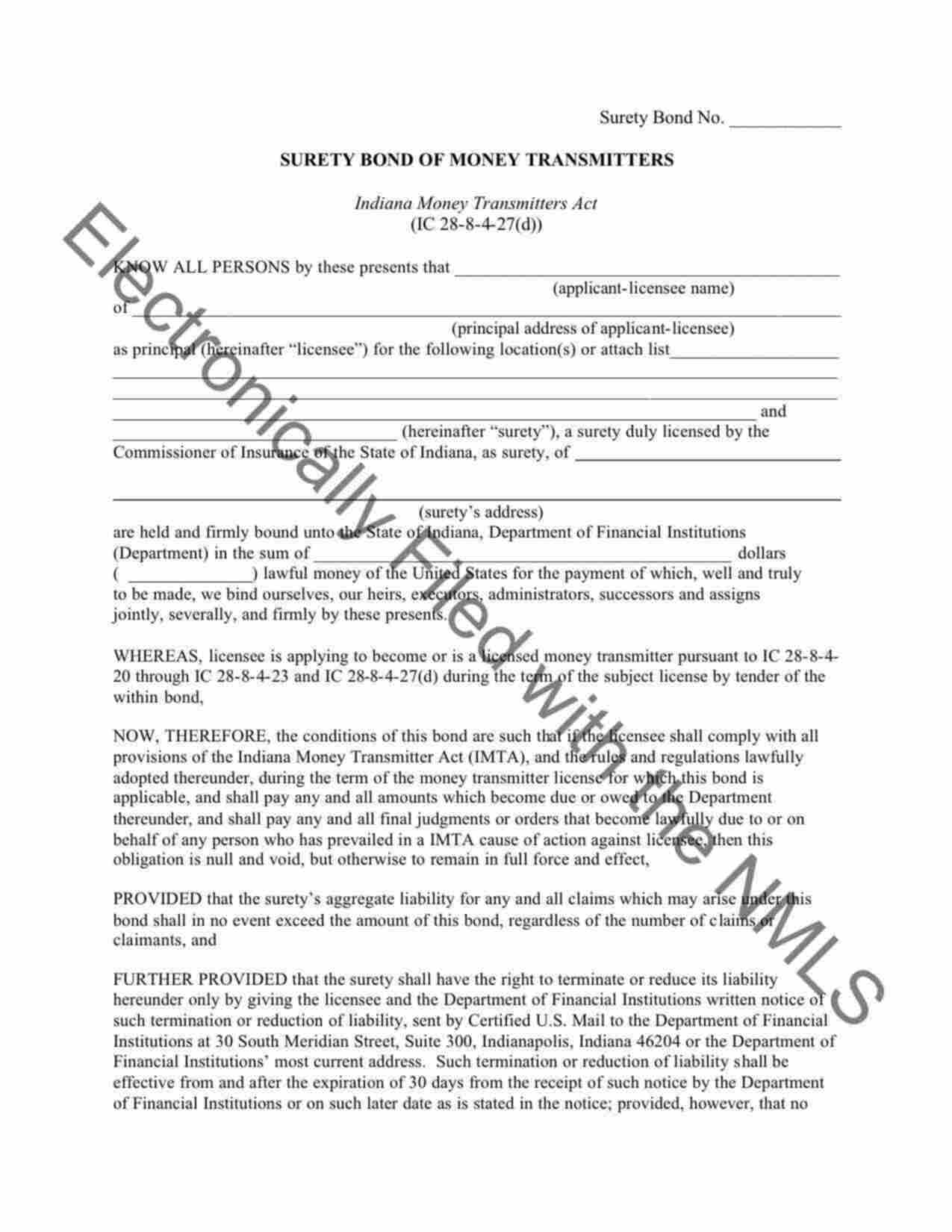 Indiana Money Transmitters Bond Form