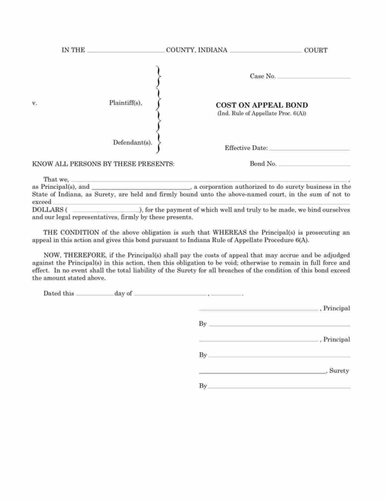 Indiana Cost on Appeal Bond Form