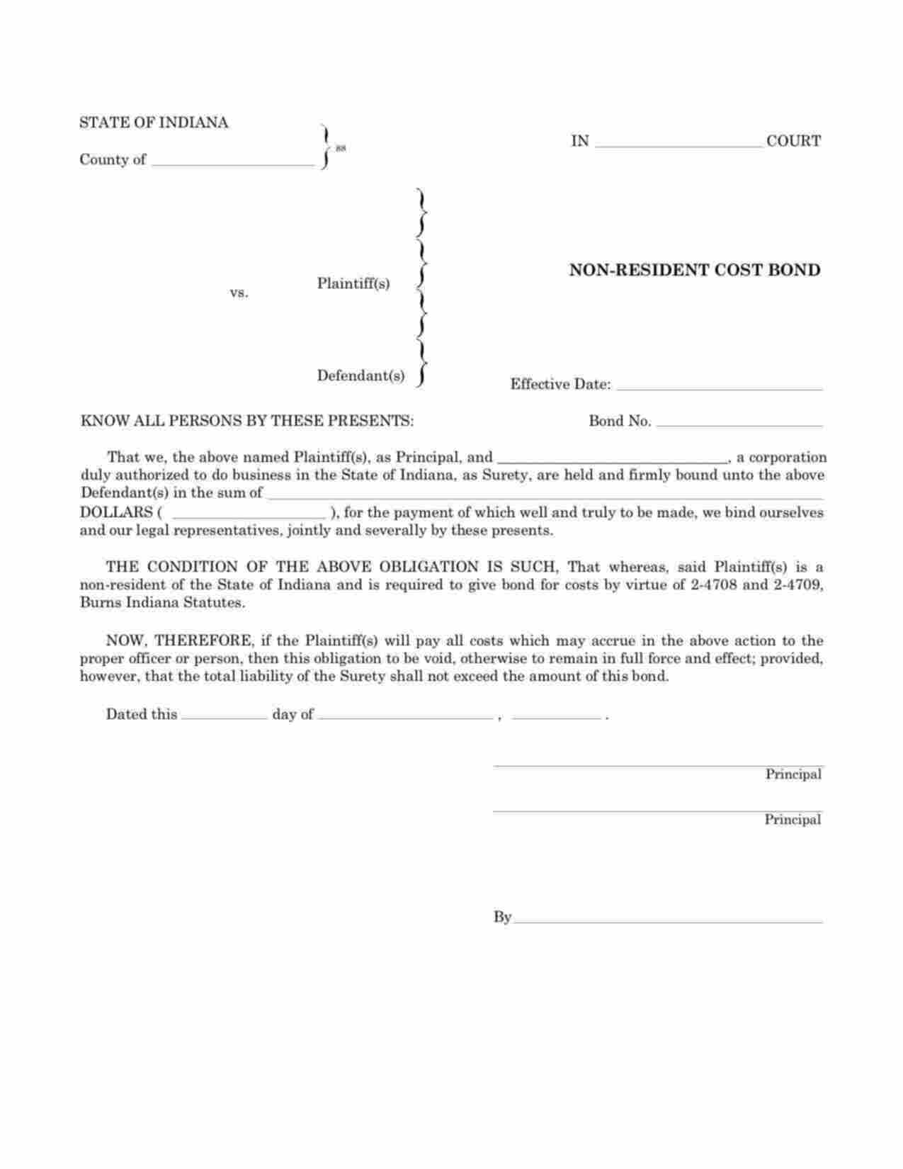 Indiana Non-Resident Cost Bond Form