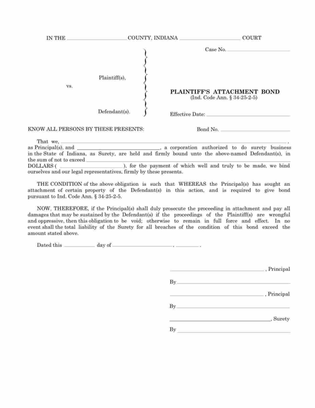 Indiana Plaintiffs Attachment Bond Form