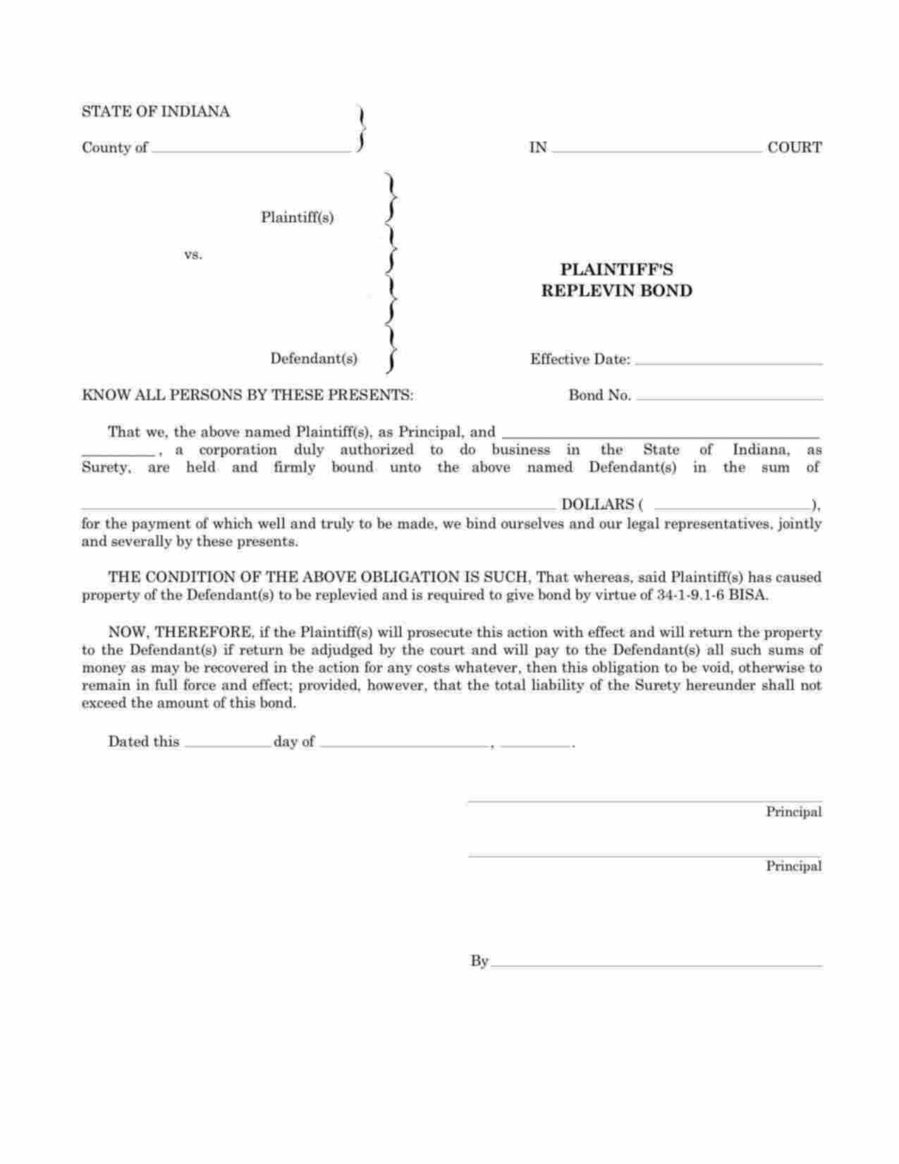 Indiana Plaintiffs Replevin Bond Form