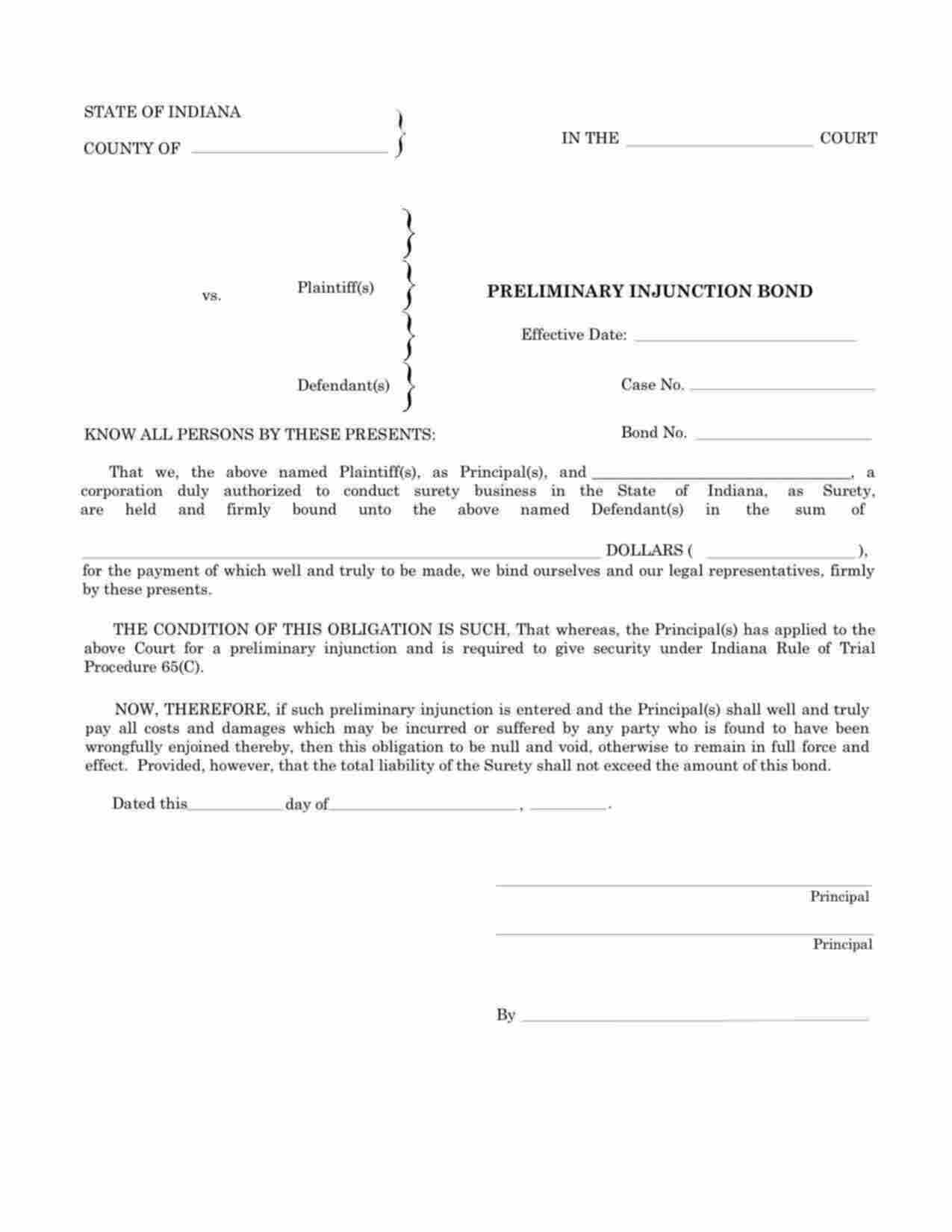 Indiana Preliminary Injunction Bond Form