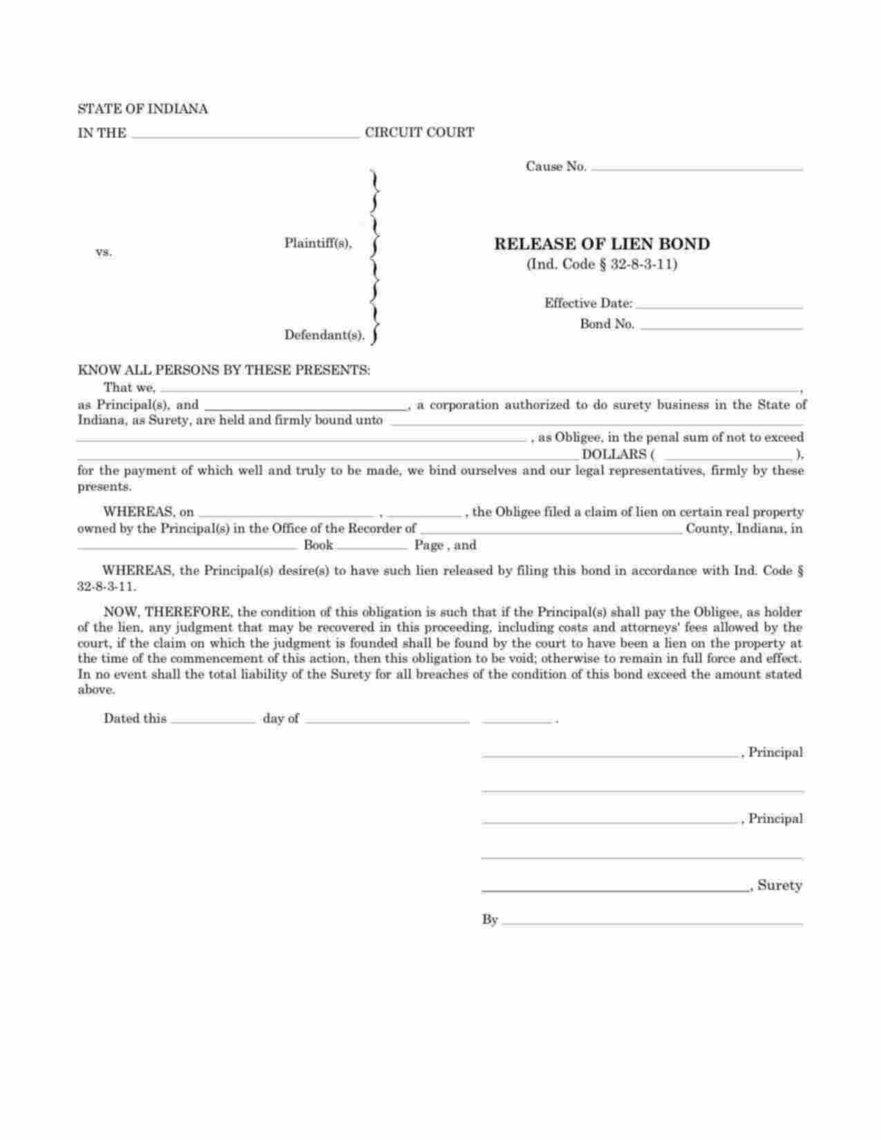 Indiana Release of Lien Bond Form