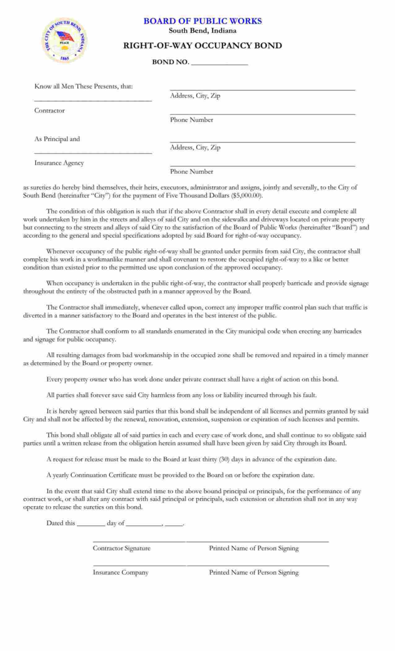 Indiana Right of Way Occupancy Bond Form