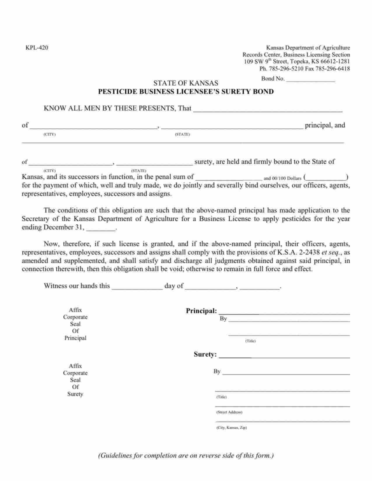Kansas Pesticide Business License Bond Form