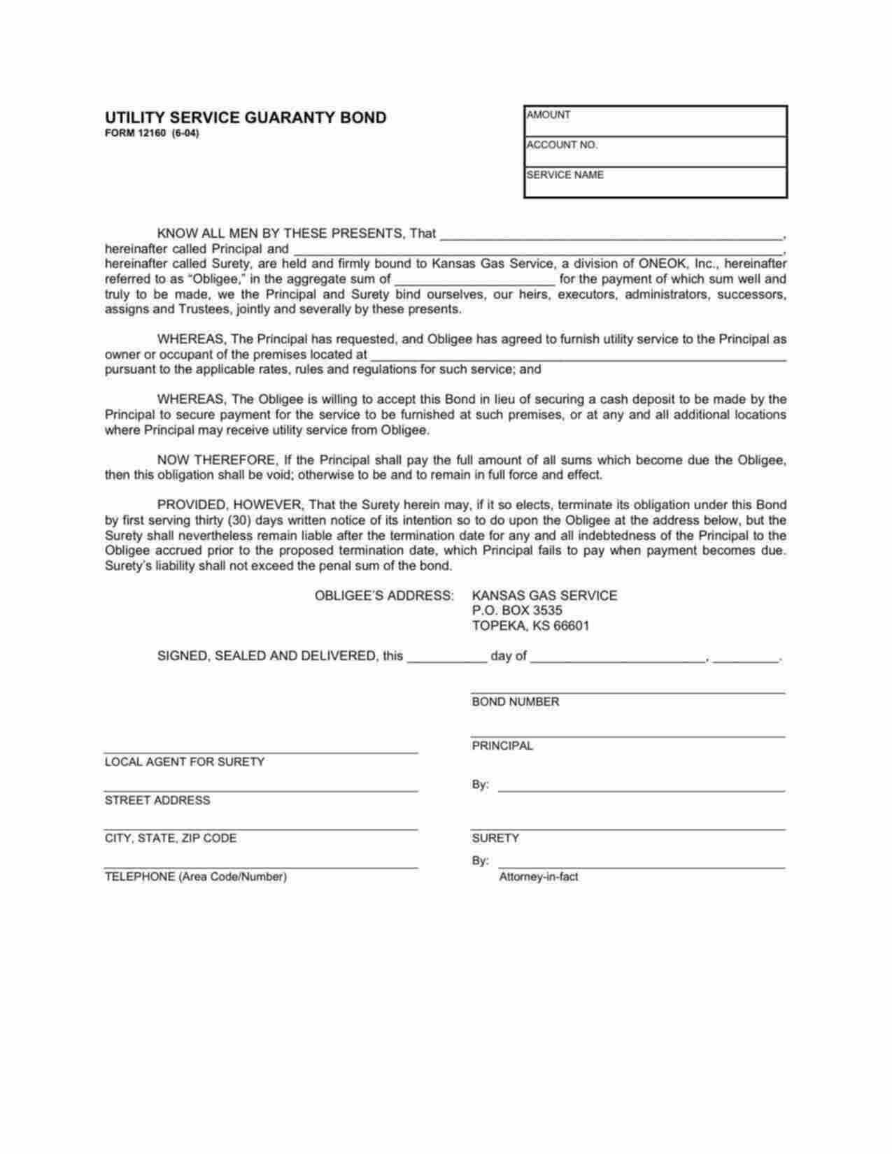 Kansas Utility Deposit Bond Form