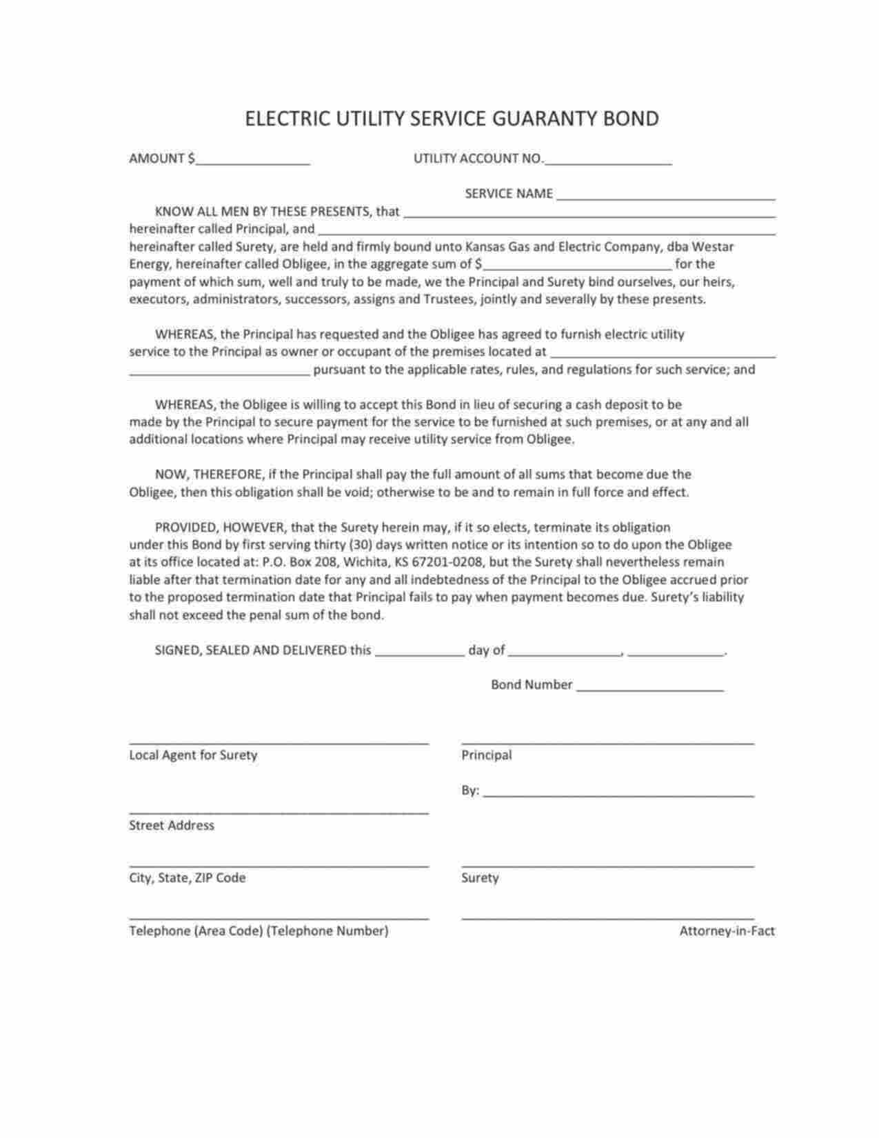 Kansas Utility Deposit Bond Form