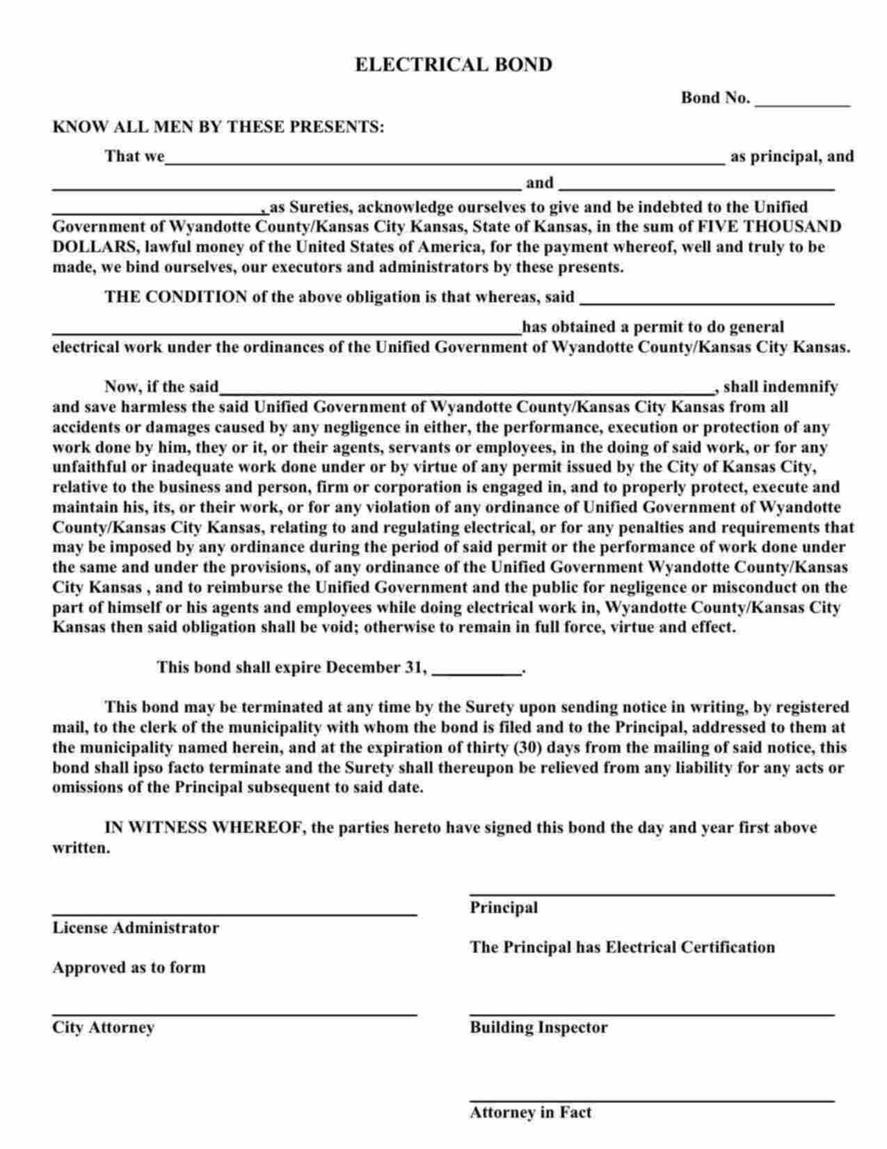 Kansas Electrical Contractor Bond Form