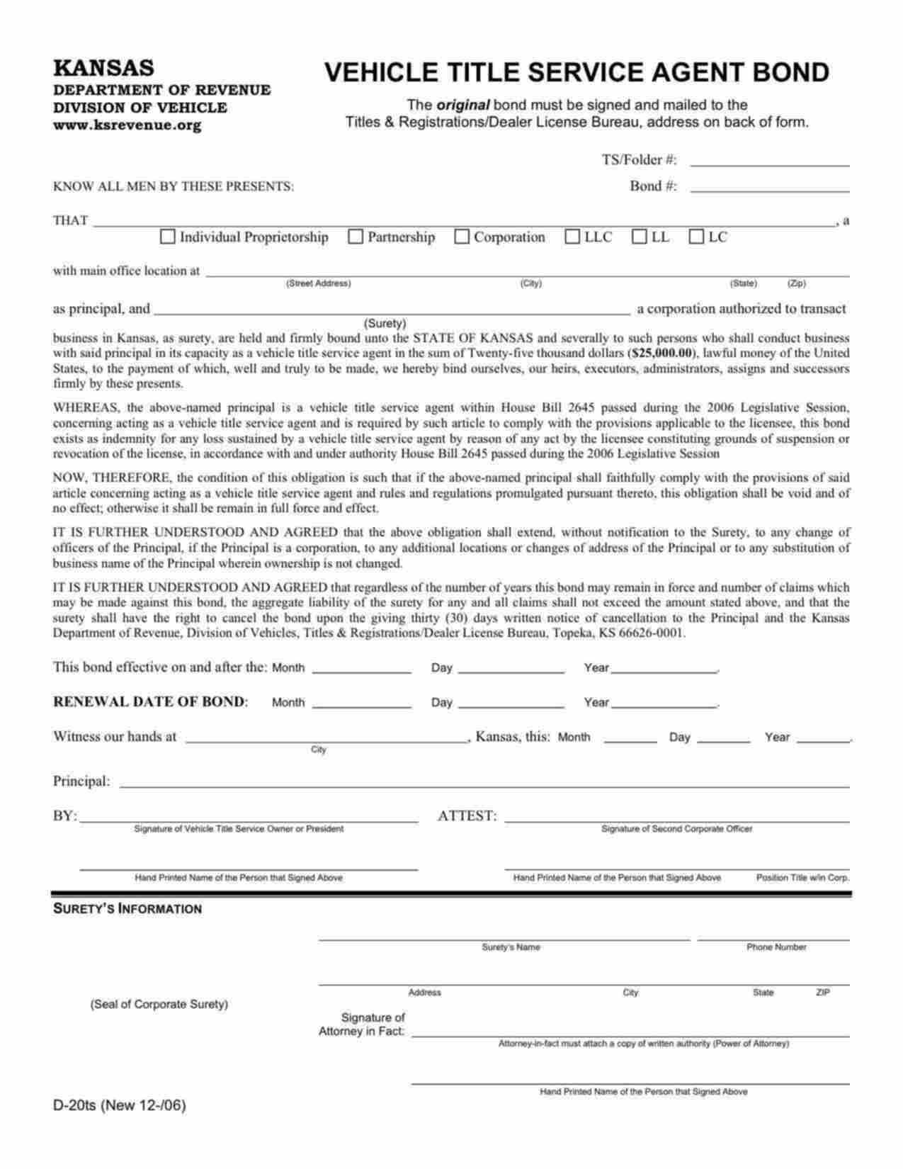 Kansas Vehicle Title Service Agent Bond Form