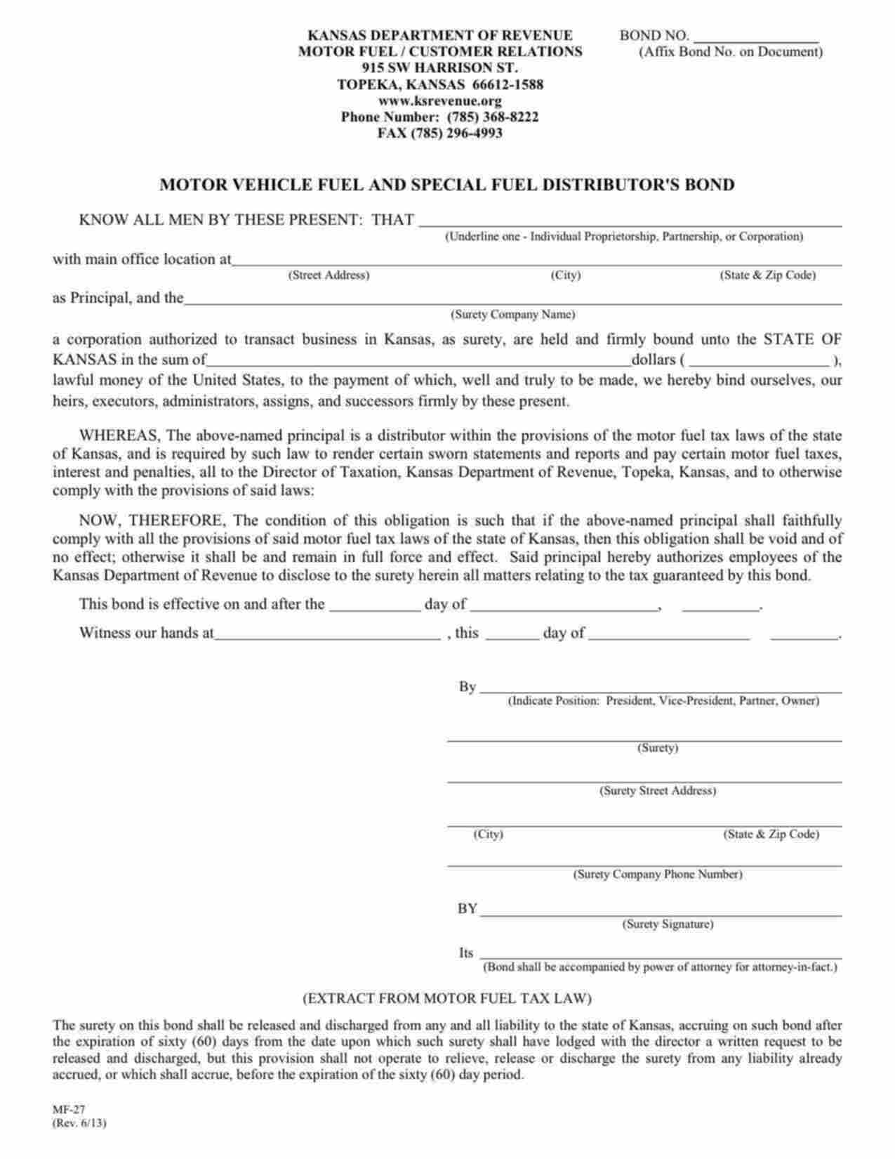 Kansas Motor Vehicle Fuel and Special Fuel Distributor Bond Form