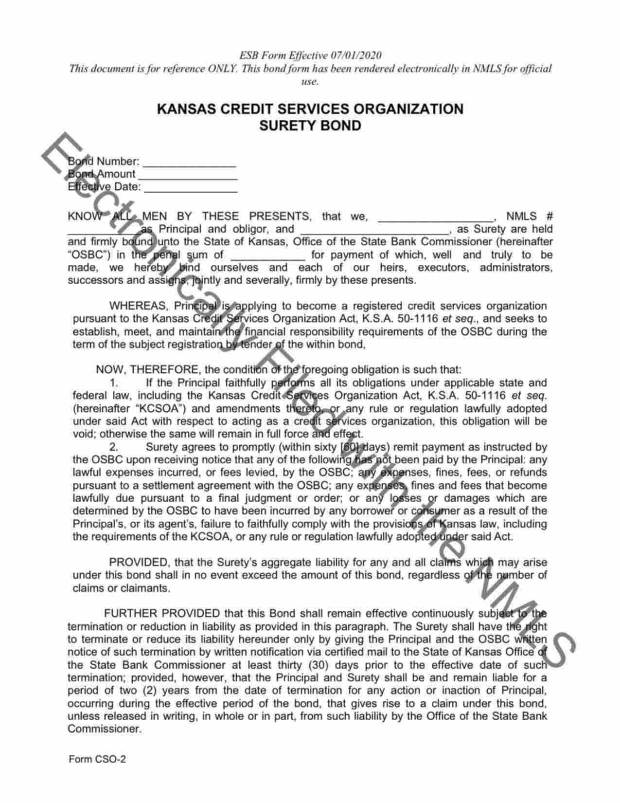 Kansas Credit Services Organization Bond Form