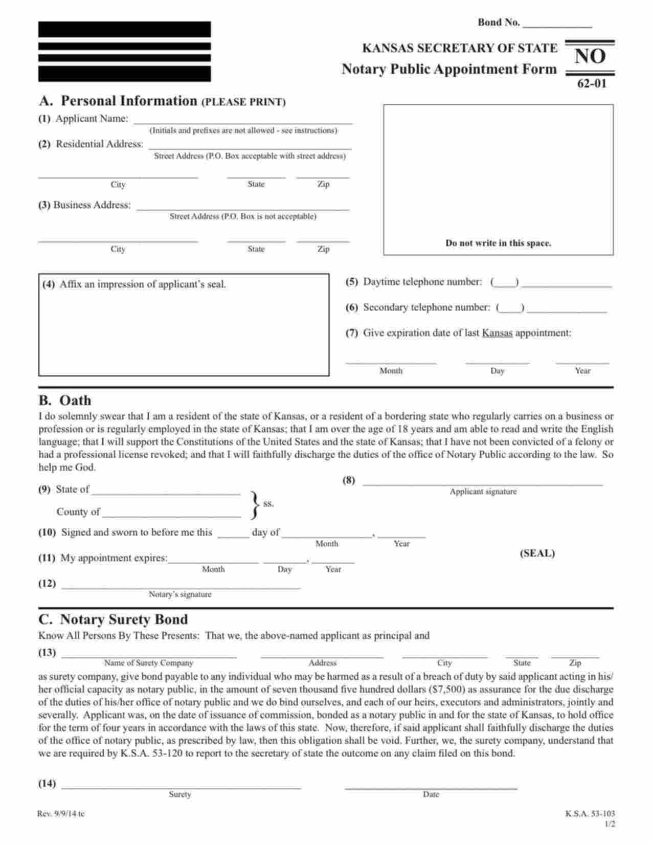 Kansas Notary Public Bond Form