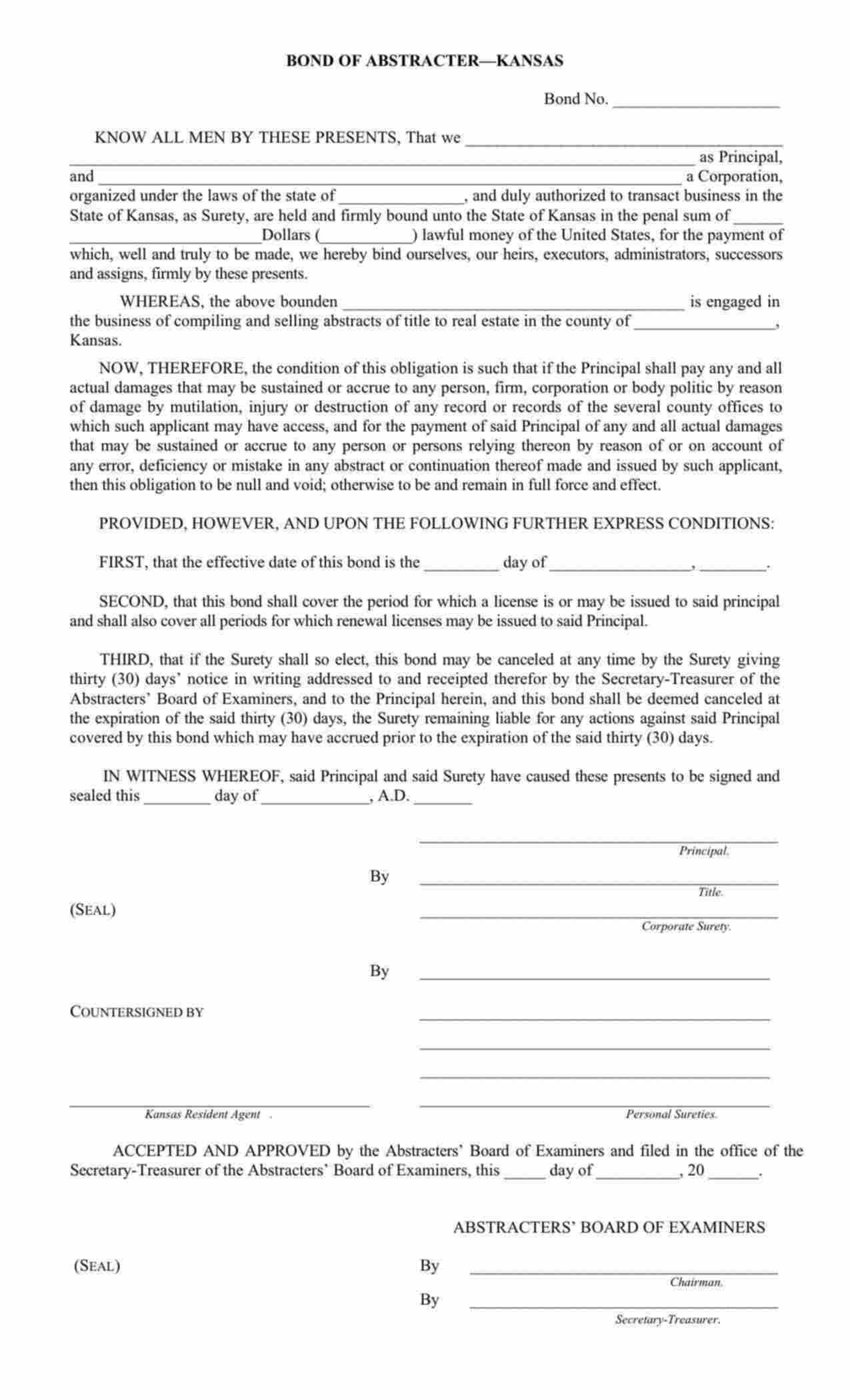 Kansas Abstracter (Title Agent) Bond Form