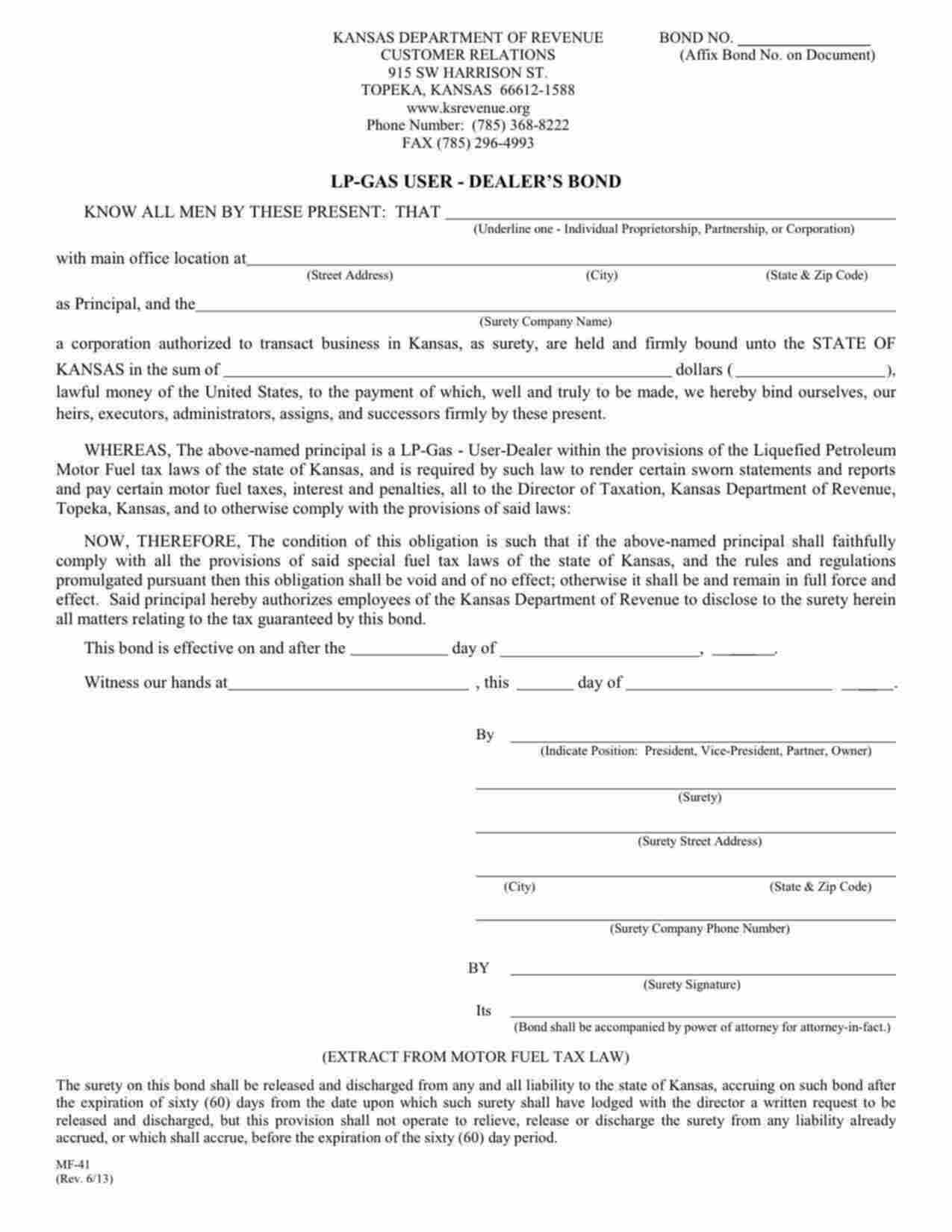 Kansas Liquid Petroleum-Gas (LP-Gas) User-Dealer Bond Form