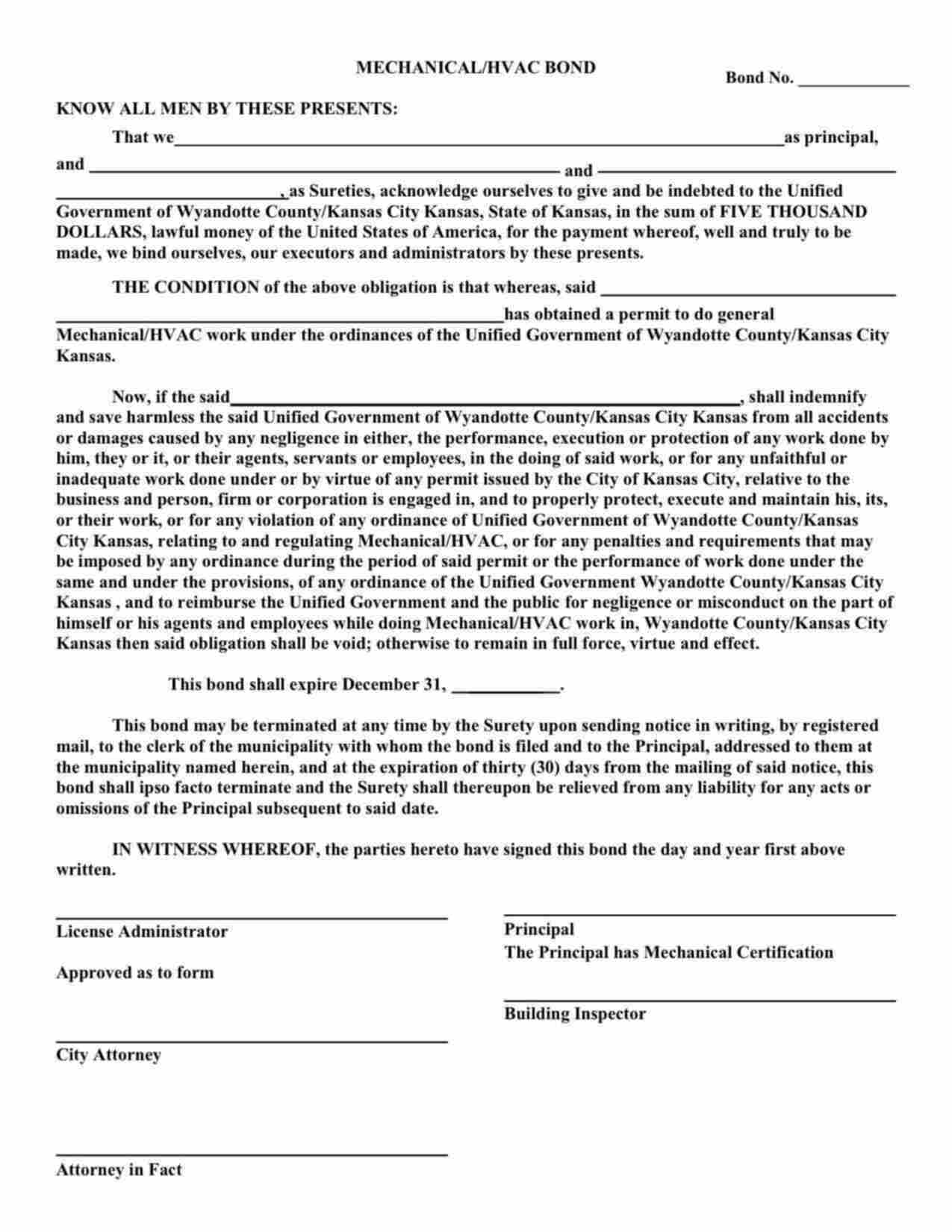 Kansas Mechanical/HVAC Contractor Bond Form