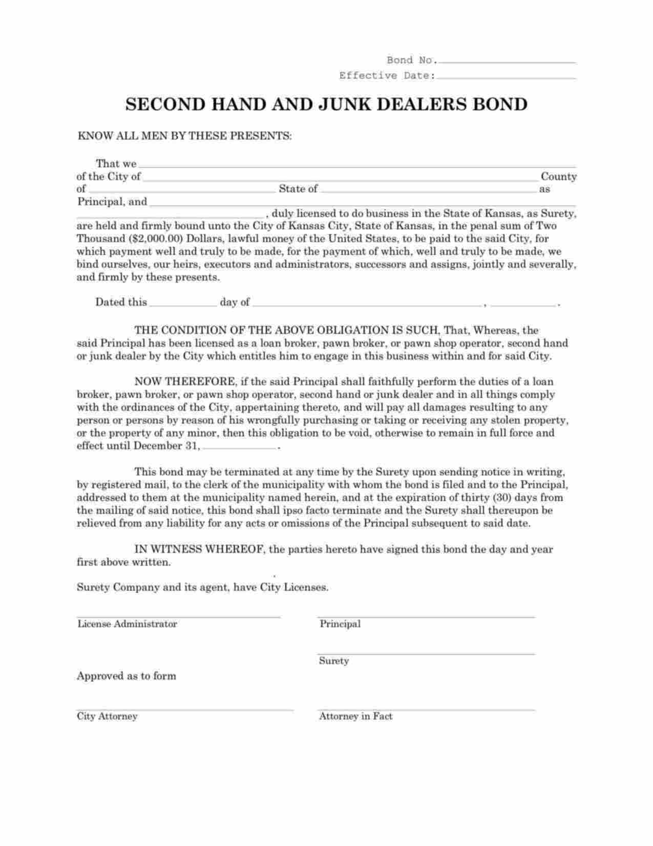 Kansas Second Hand and Junk Dealers Bond Form