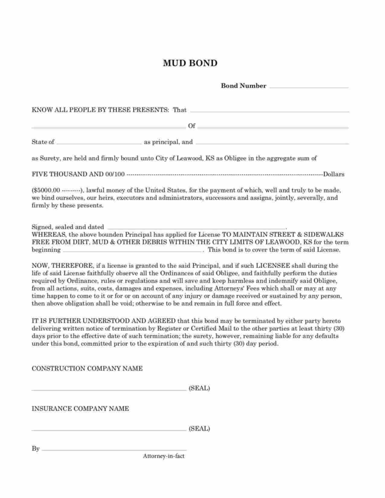 Kansas Mud Bond / Sidewalk Contractor Bond Form