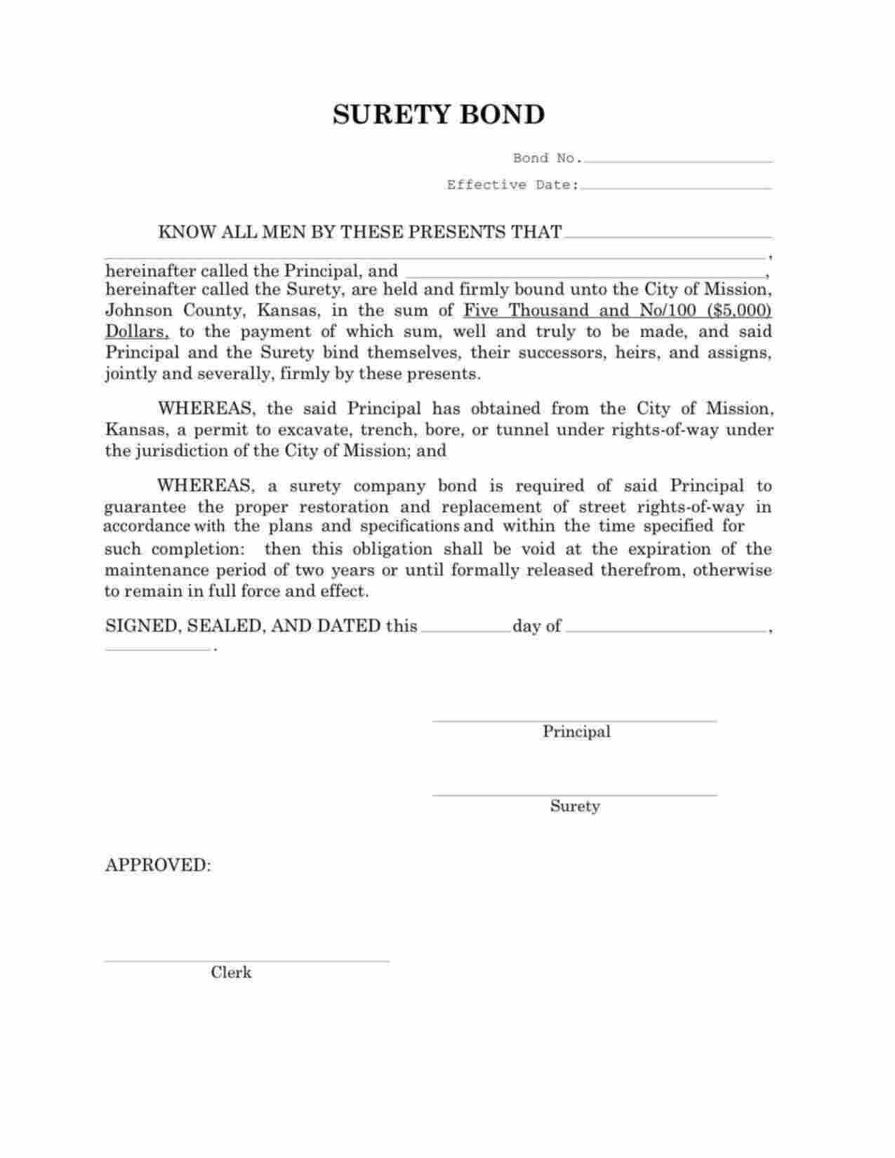 Kansas Excavation in Right-of-Way Bond Form