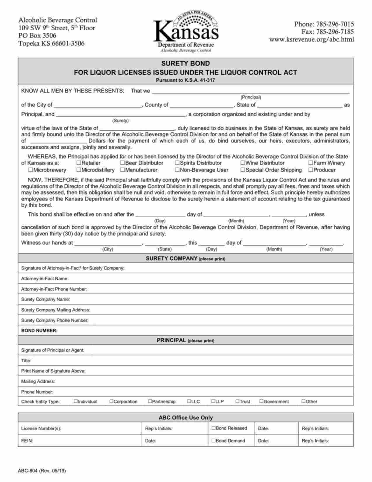 Kansas Liquor License: Manufacturer Bond Form