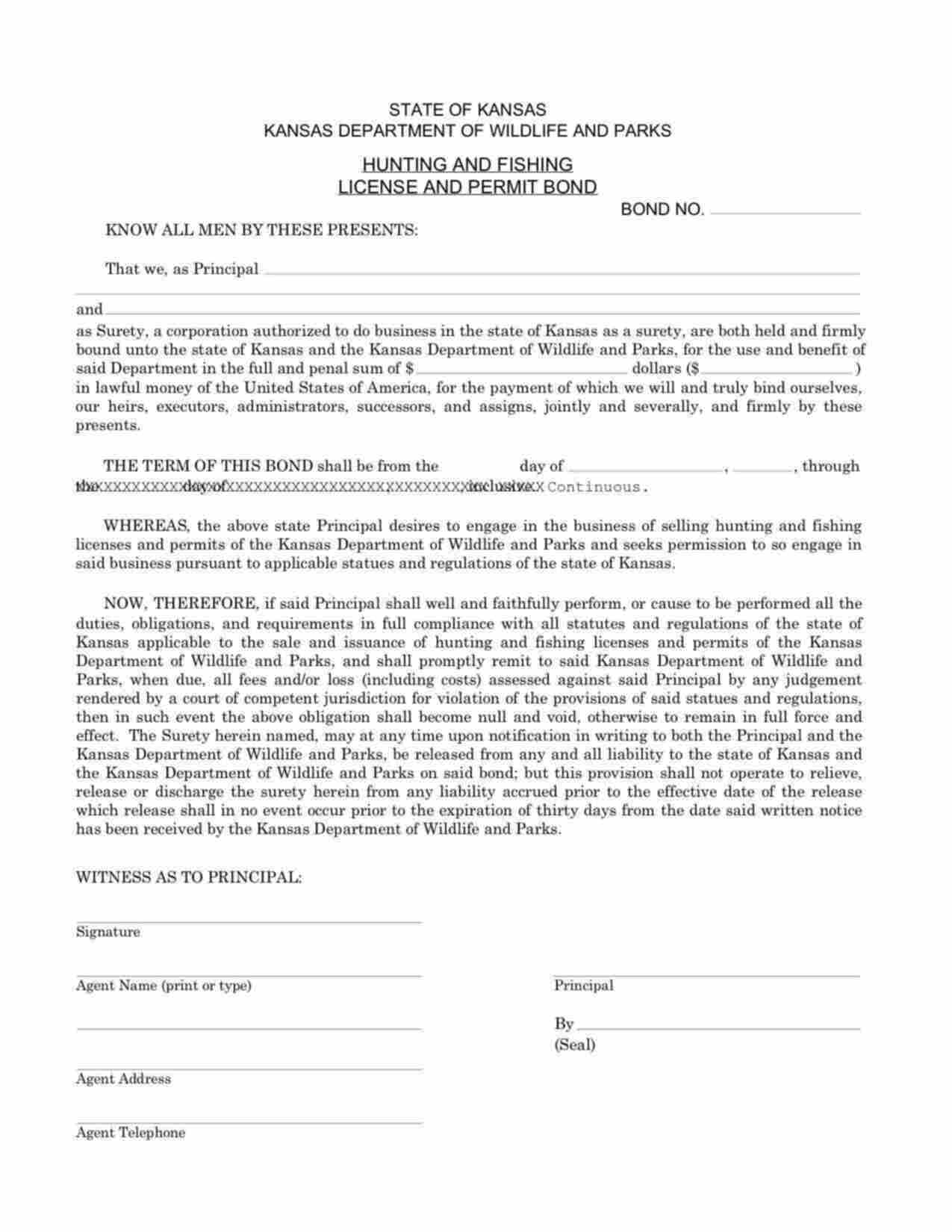 Kansas Hunting and Fishing License and Permit Bond Form