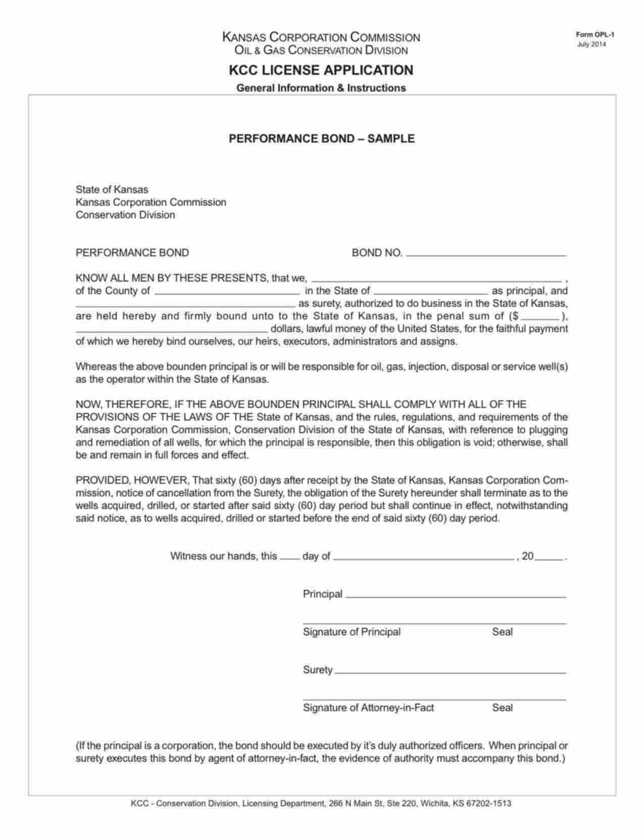 Kansas Oil, Gas, Injection, Disposal or Service Well Operator Bond Form