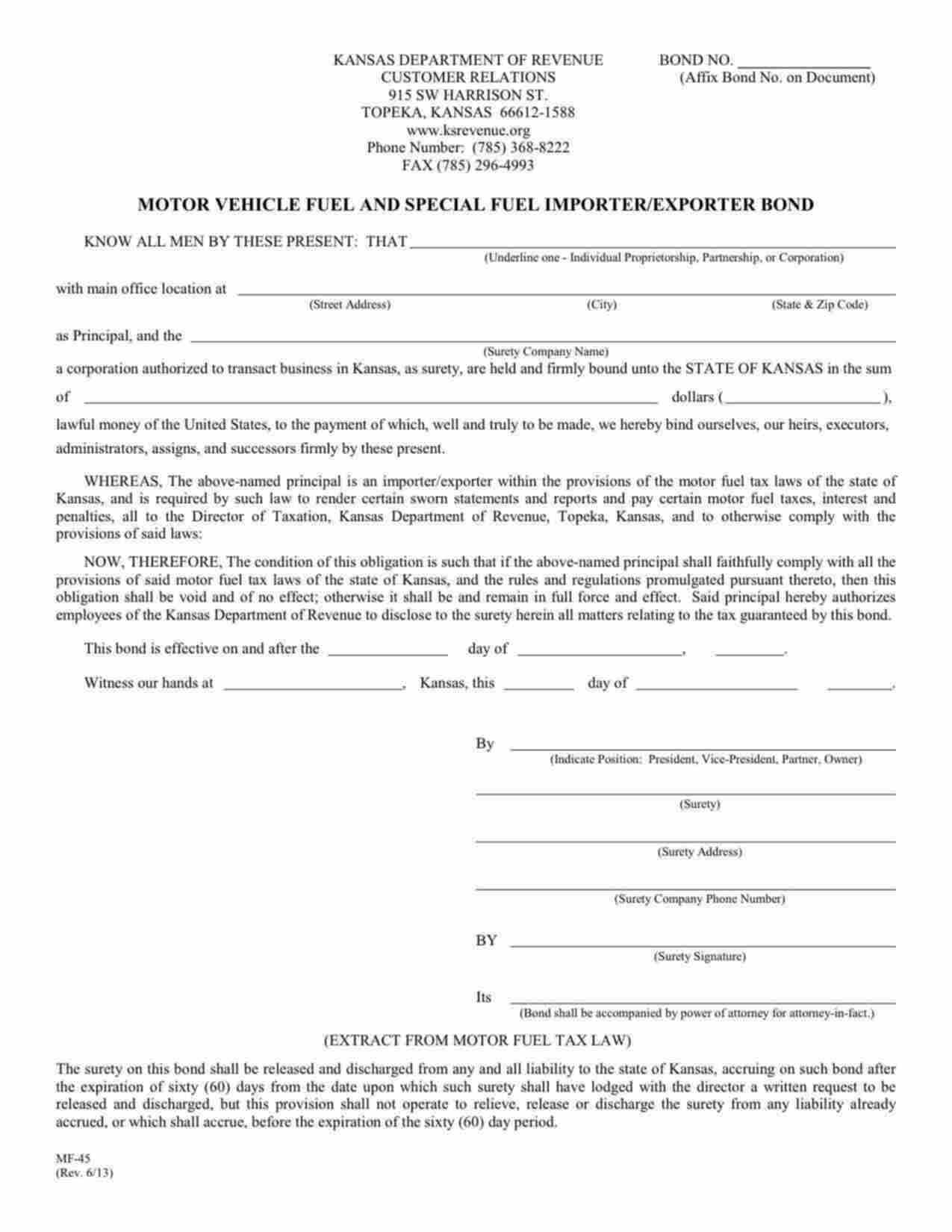 Kansas Motor Vehicle Fuel and Special Fuel Importer/Exporter Bond Form