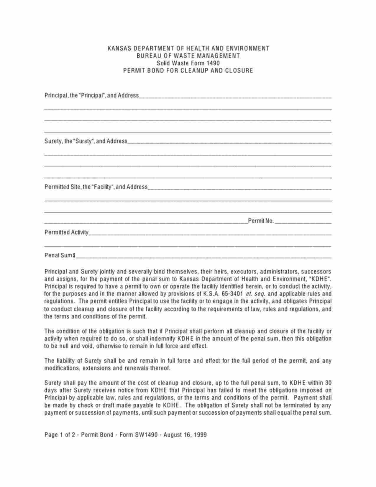 Kansas Cleanup and Closure Permit Bond Form