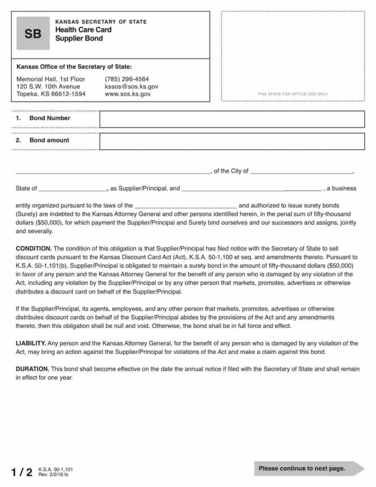 Kansas Health Care Card Supplier Bond Form