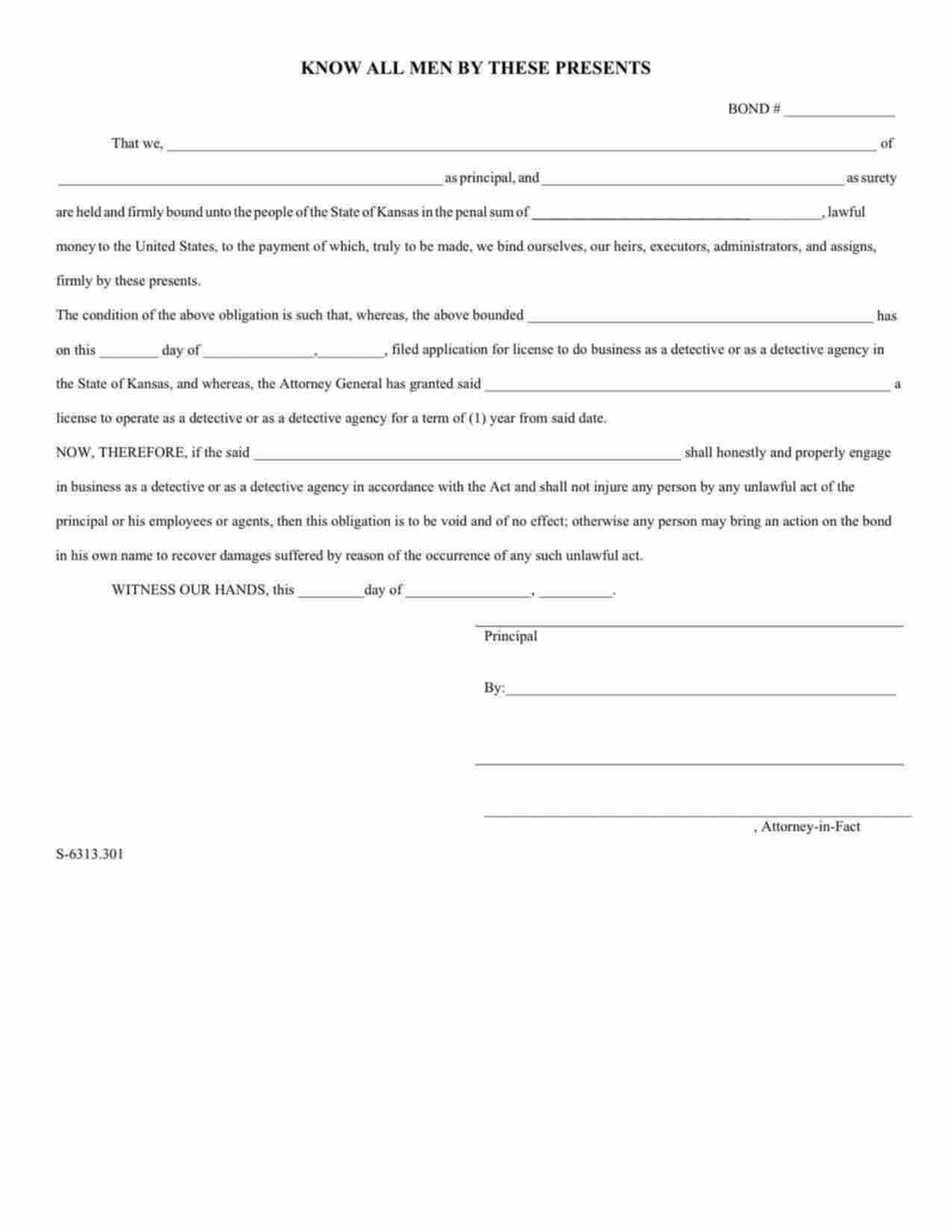 Kansas Detective or Detective Agency Bond Form