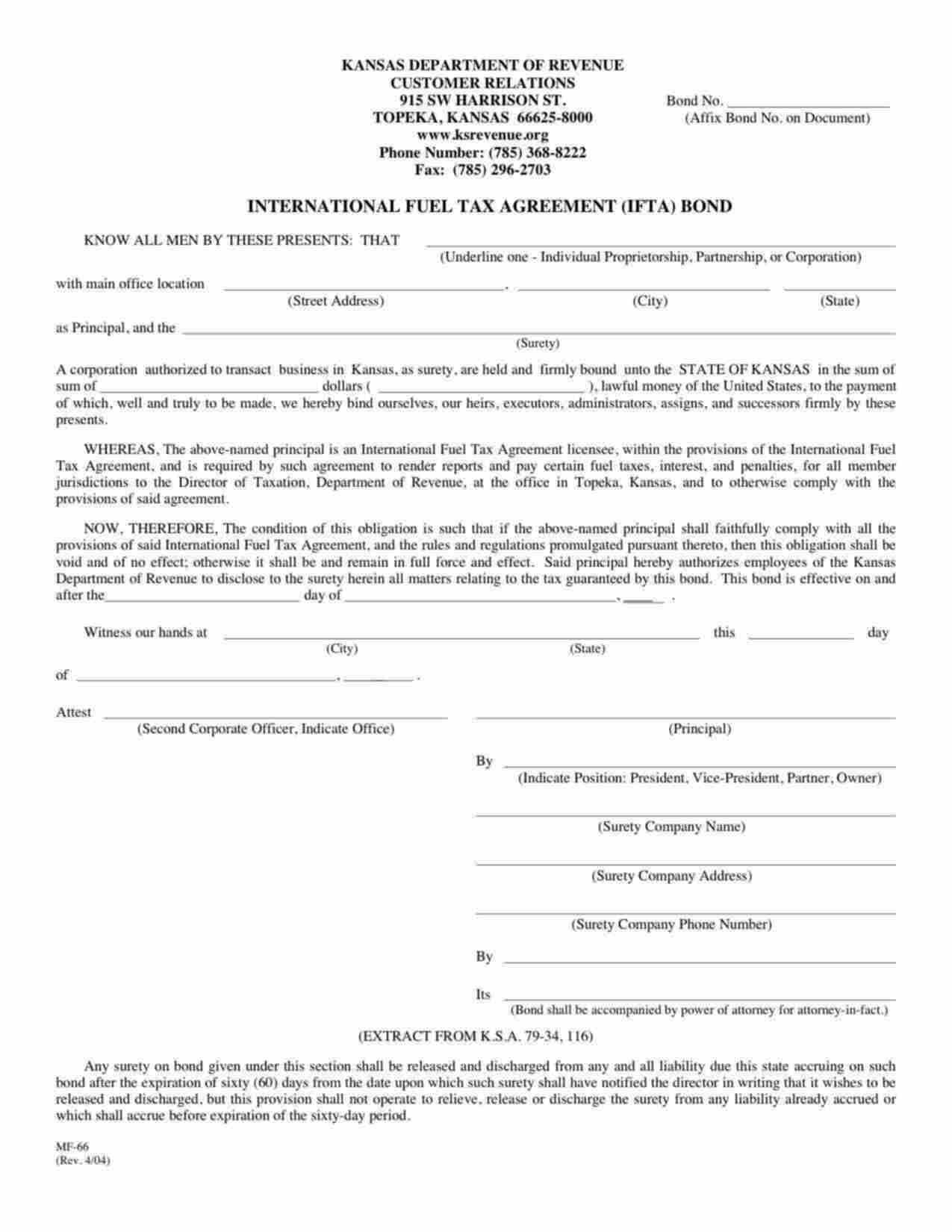 Kansas International Fuel Tax Agreement (IFTA) Bond Form